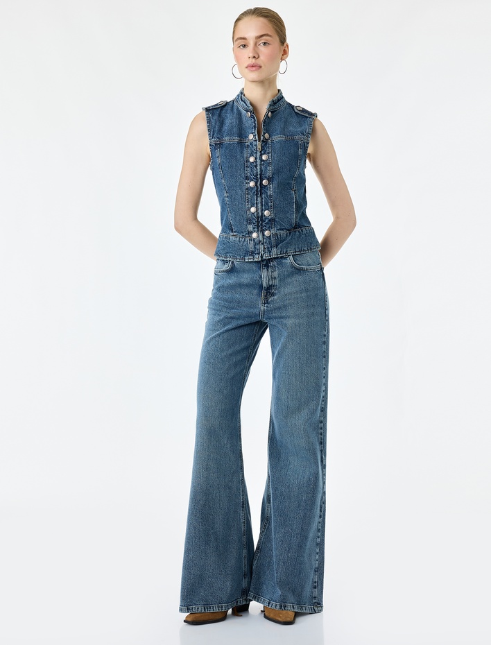  Normal Bel Düğmeli Cepli İspanyol Paça Denim Pantolon - Flare Jeans