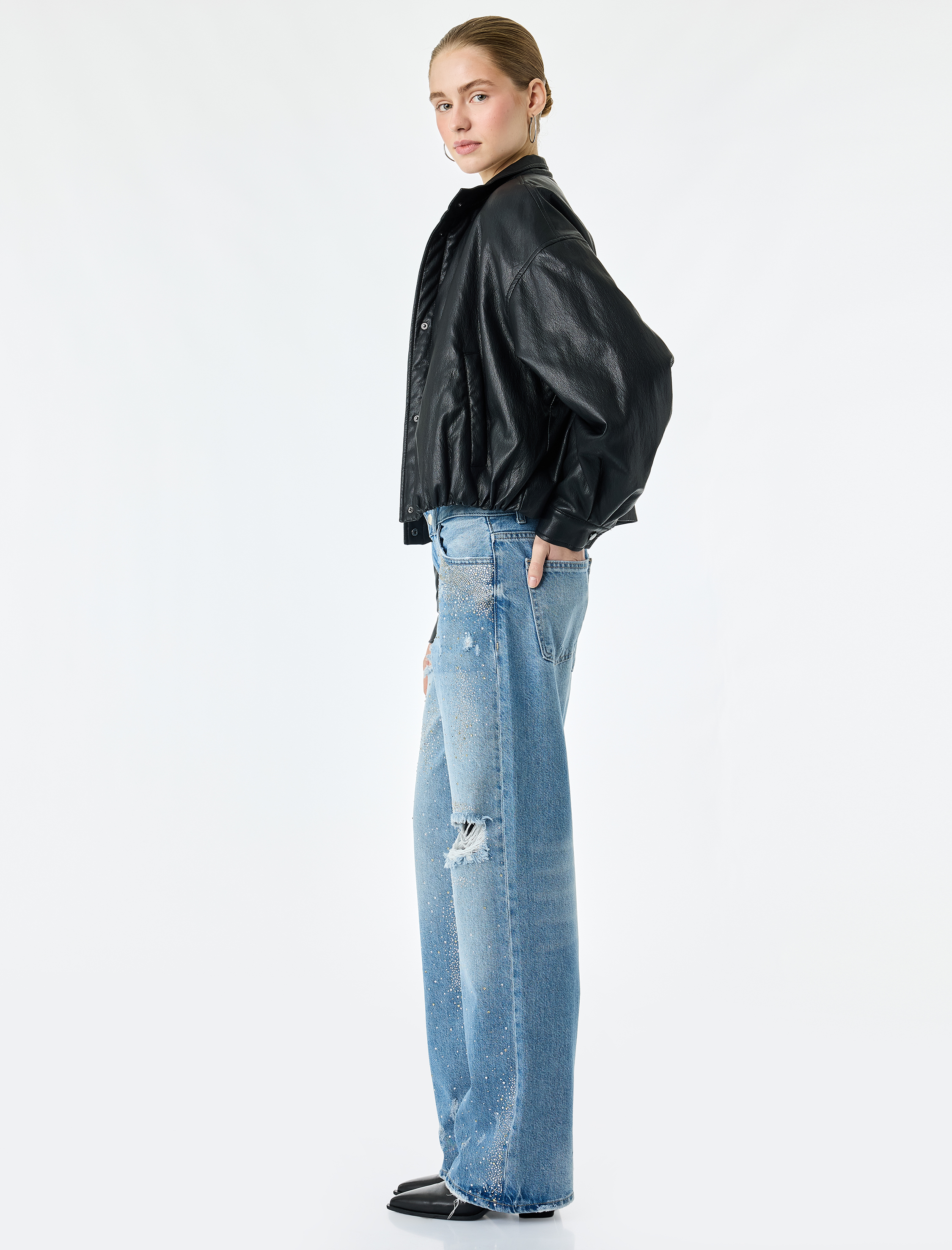 Koton Taşlı Yıpratma Detaylı Cepli Düğmeli Düz Paça Denim Pantolon - Longer Straight Fit Jeans görsel 2