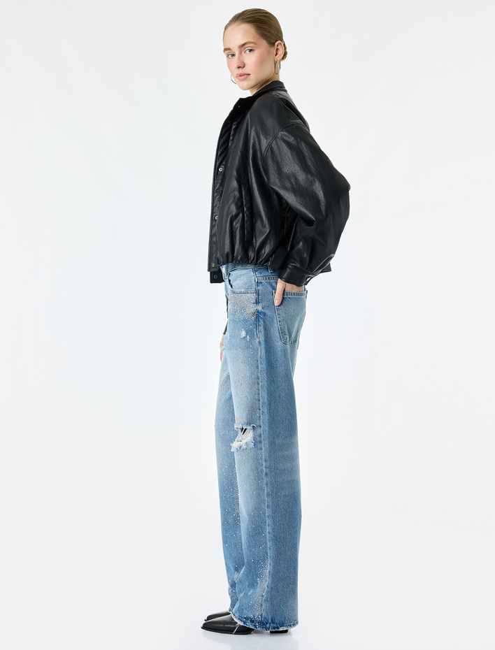  Taşlı Yıpratma Detaylı Cepli Düğmeli Düz Paça Denim Pantolon - Longer Straight Fit Jeans