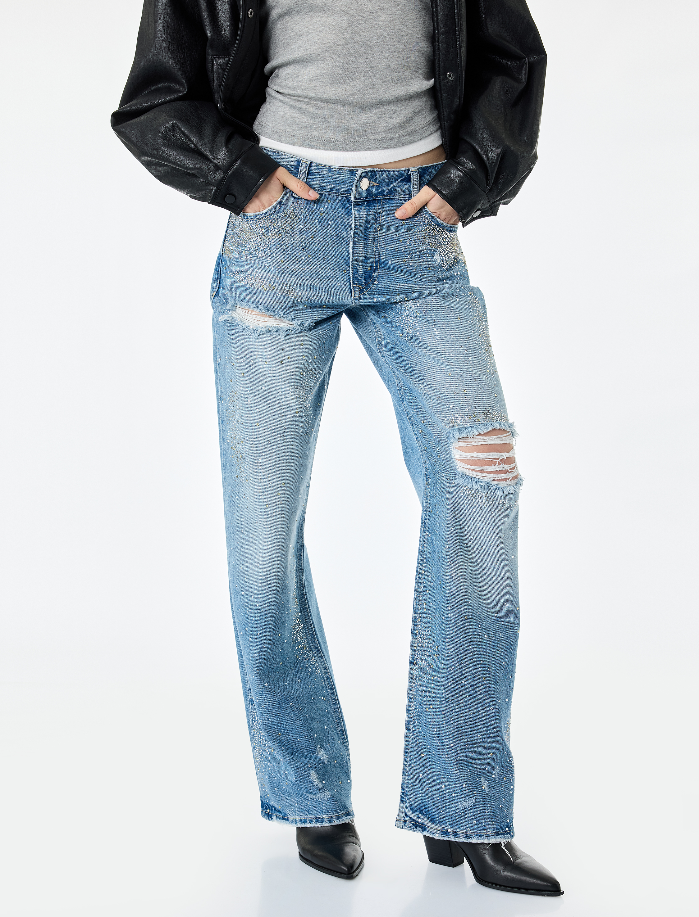 Koton Taşlı Yıpratma Detaylı Cepli Düğmeli Düz Paça Denim Pantolon - Longer Straight Fit Jeans görsel 4