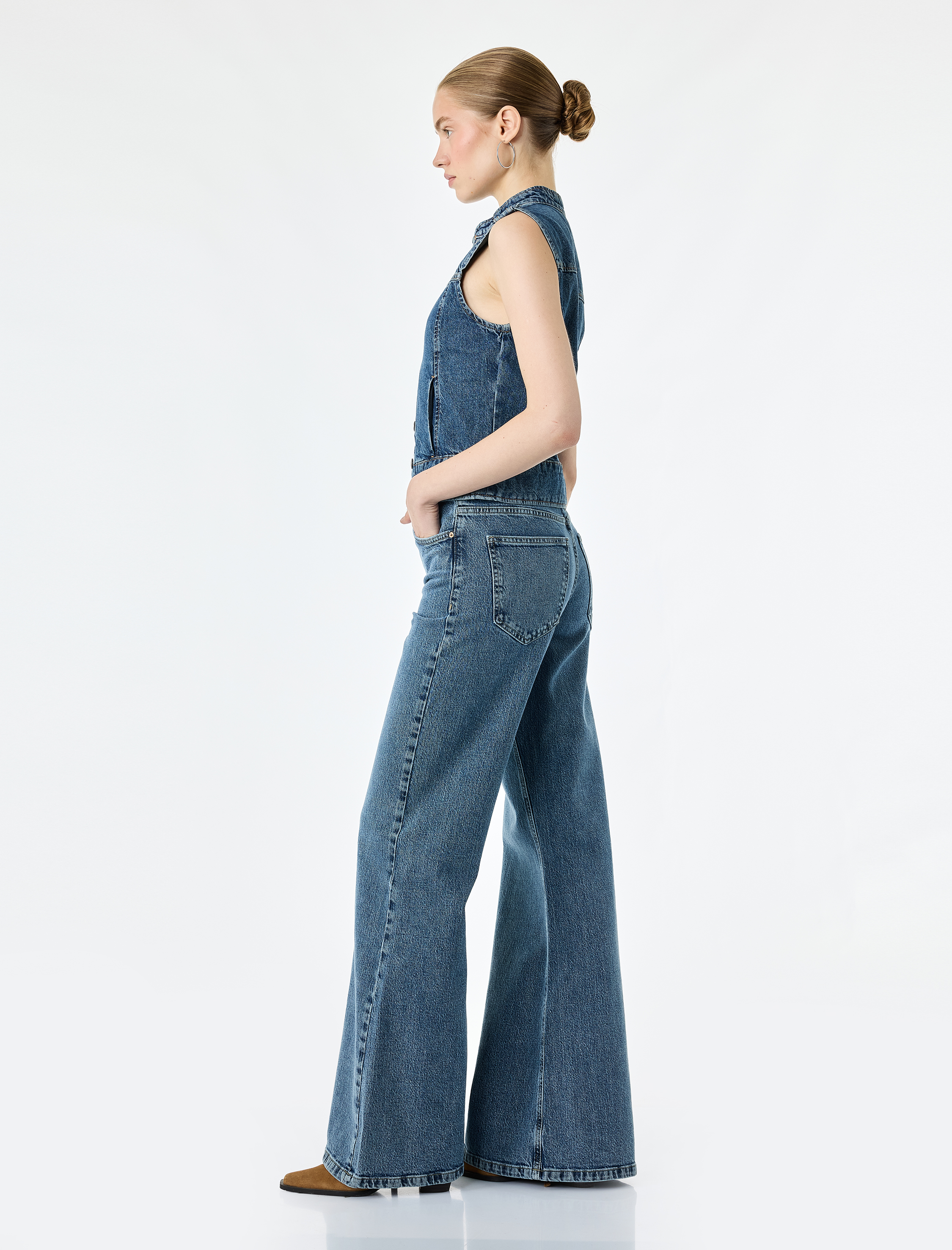   Normal Bel Düğmeli Cepli İspanyol Paça Denim Pantolon - Flare Jeans