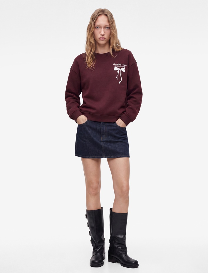  Rahat Kalıp Bisiklet Yaka Şardonlu Arkası Fiyonk Baskılı Sweatshirt