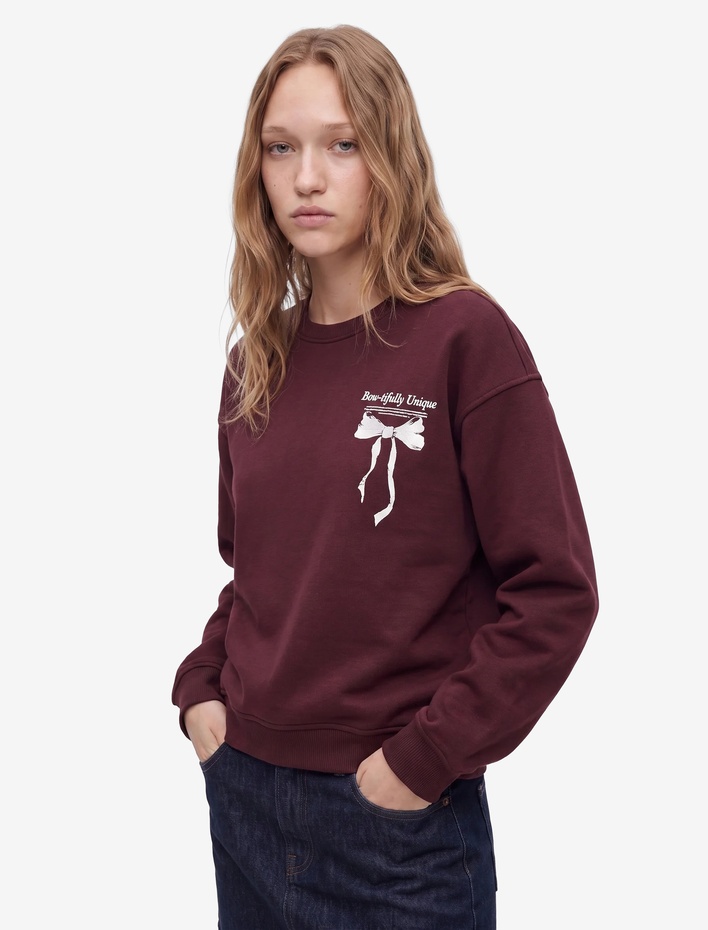  Rahat Kalıp Bisiklet Yaka Şardonlu Arkası Fiyonk Baskılı Sweatshirt