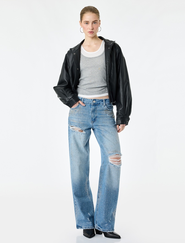  Taşlı Yıpratma Detaylı Cepli Düğmeli Düz Paça Denim Pantolon - Longer Straight Fit Jeans