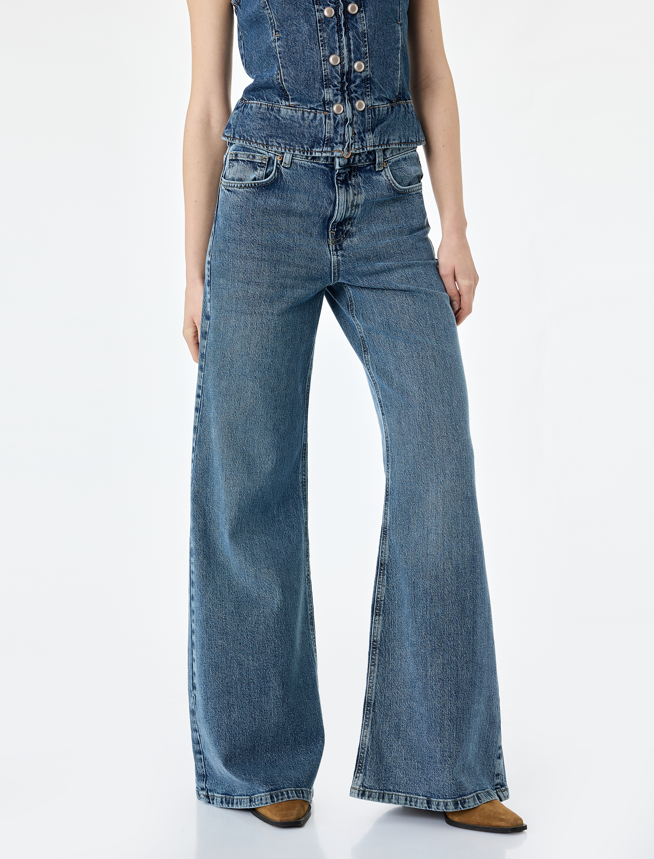   Normal Bel Düğmeli Cepli İspanyol Paça Denim Pantolon - Flare Jeans