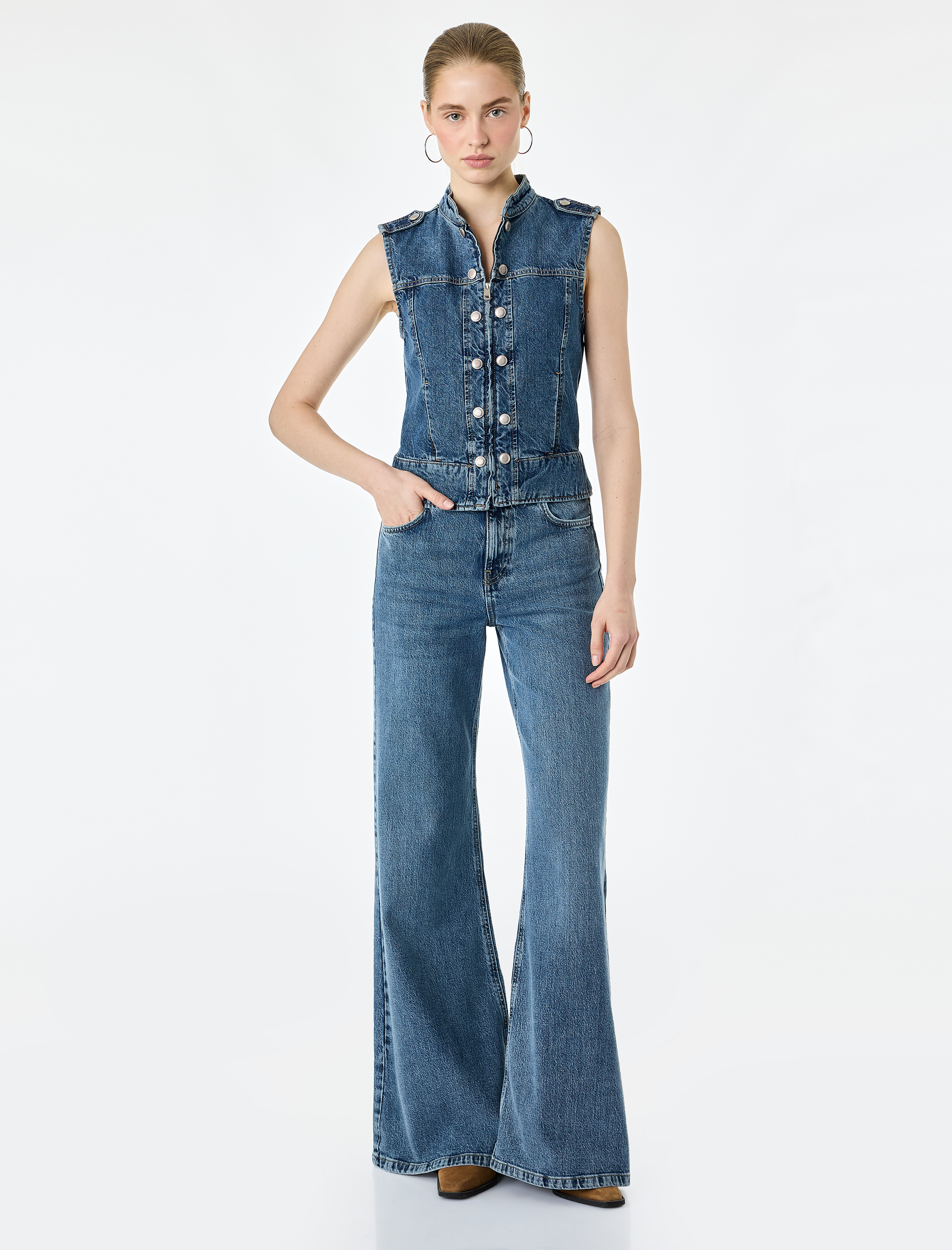   Normal Bel Düğmeli Cepli İspanyol Paça Denim Pantolon - Flare Jeans