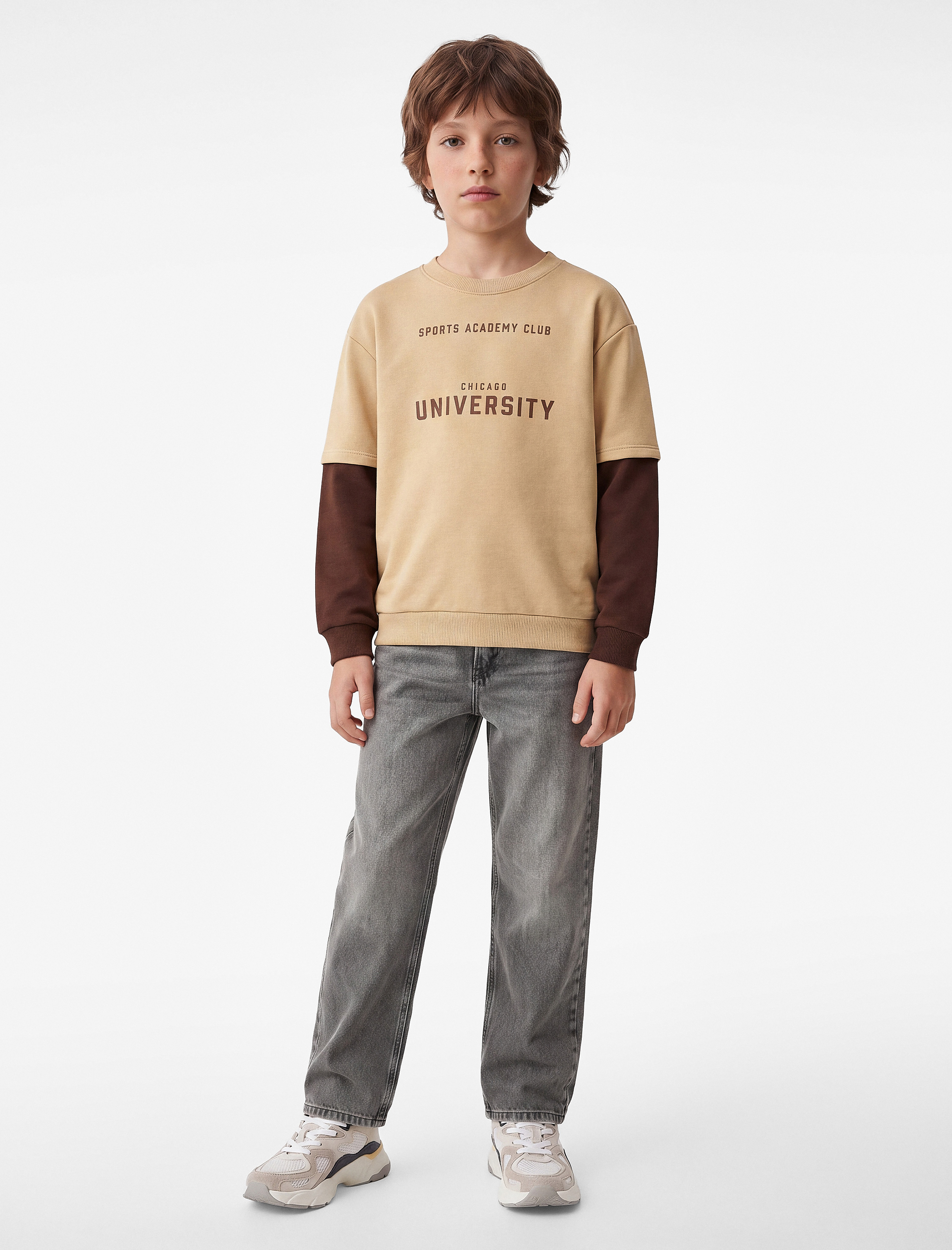  Erkek Çocuk Renk Kontrastlı Bisiklet Yaka Uzun Kollu Baskılı Sweatshirt