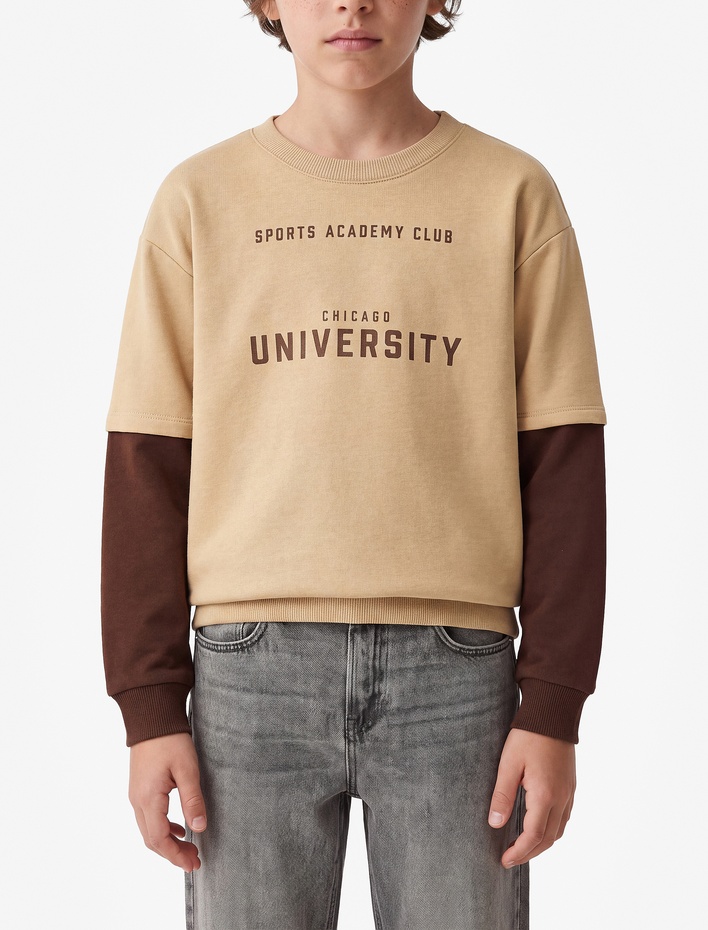 Erkek Çocuk Renk Kontrastlı Bisiklet Yaka Uzun Kollu Baskılı Sweatshirt