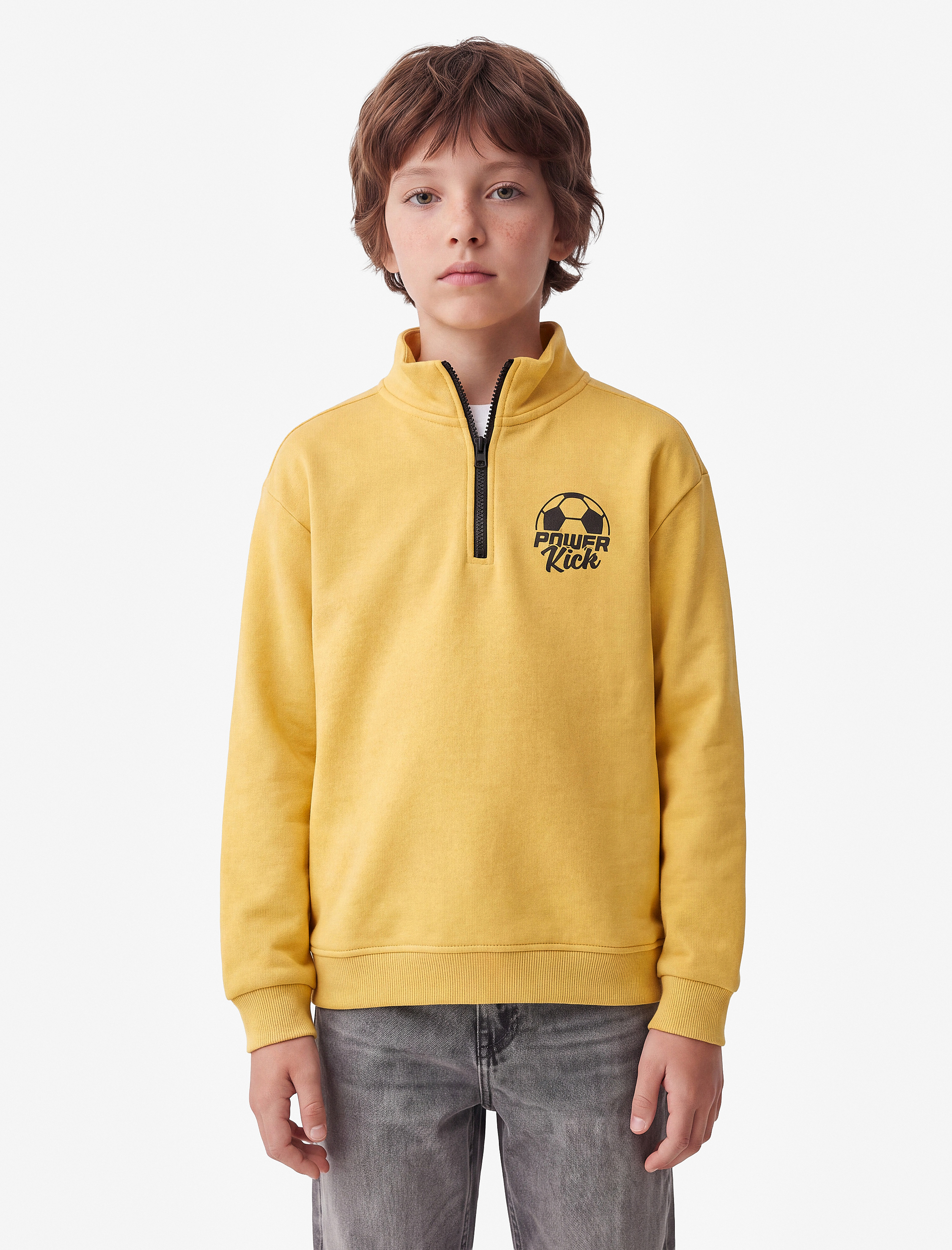  Erkek Çocuk Pamuklu Üç İplik Şardonlu Fermuar Detaylı Dik Yaka Baskılı Sweatshirt