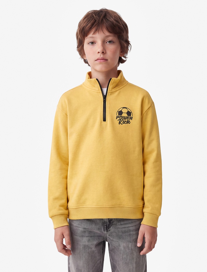 Erkek Çocuk Pamuklu Üç İplik Şardonlu Fermuar Detaylı Dik Yaka Baskılı Sweatshirt