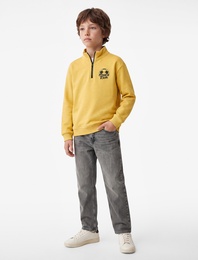 Pamuklu Üç İplik Şardonlu Fermuar Detaylı Dik Yaka Baskılı Sweatshirt