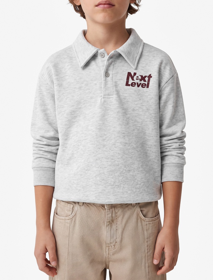 Erkek Çocuk Üç İplik Şardonlu Baskılı Düğmeli Polo Yaka Sweatshirt