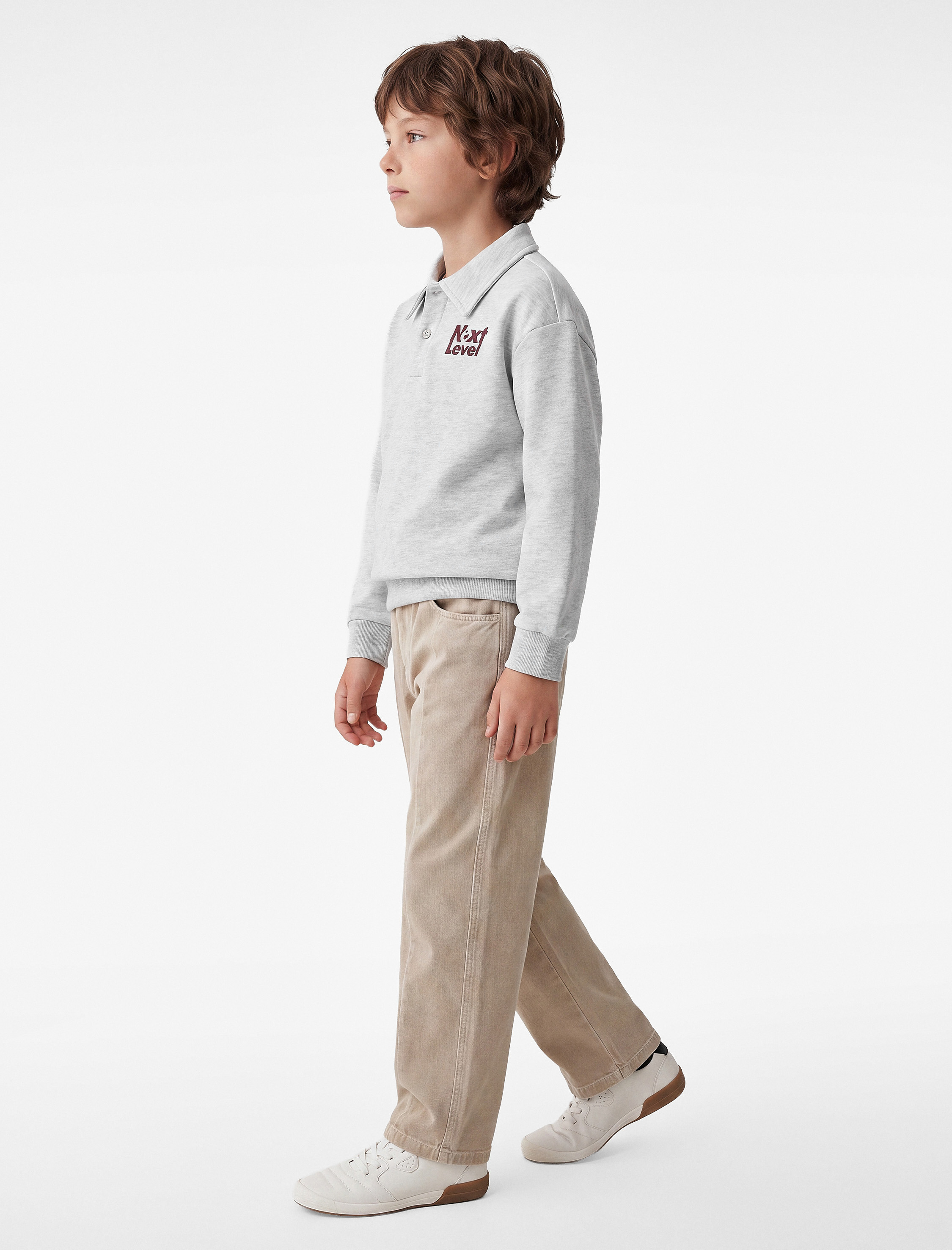  Erkek Çocuk Üç İplik Şardonlu Baskılı Düğmeli Polo Yaka Sweatshirt