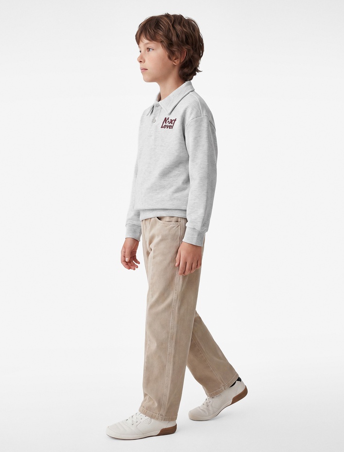 Erkek Çocuk Üç İplik Şardonlu Baskılı Düğmeli Polo Yaka Sweatshirt