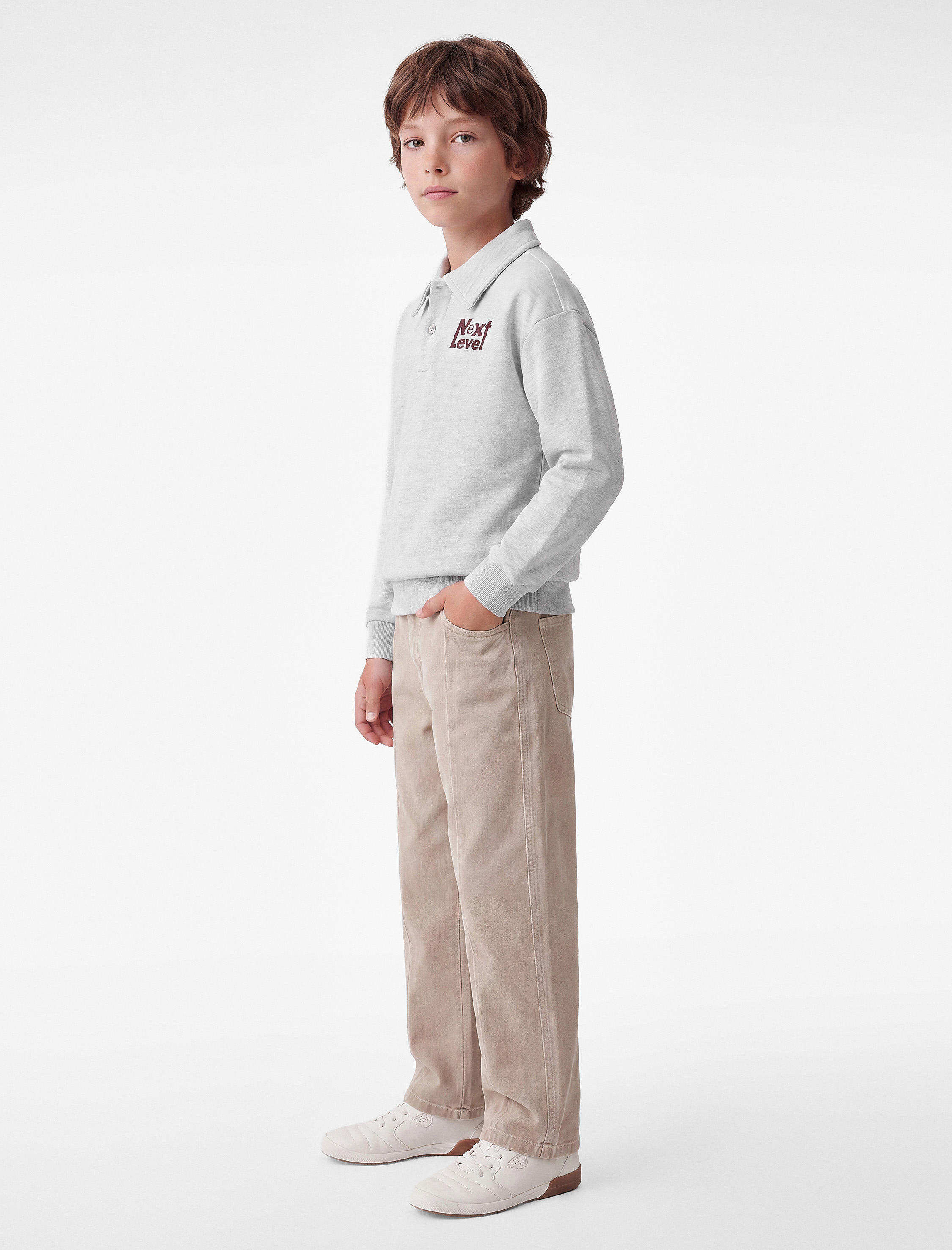  Erkek Çocuk Üç İplik Şardonlu Baskılı Düğmeli Polo Yaka Sweatshirt