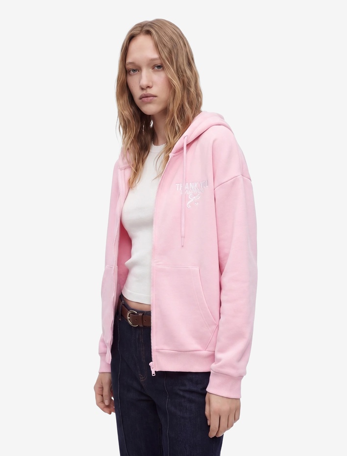  Rahat Kalıp Şardonlu Arkası Fiyonk Baskılı Cepli Fermuarlı Kapüşonlu Sweatshirt