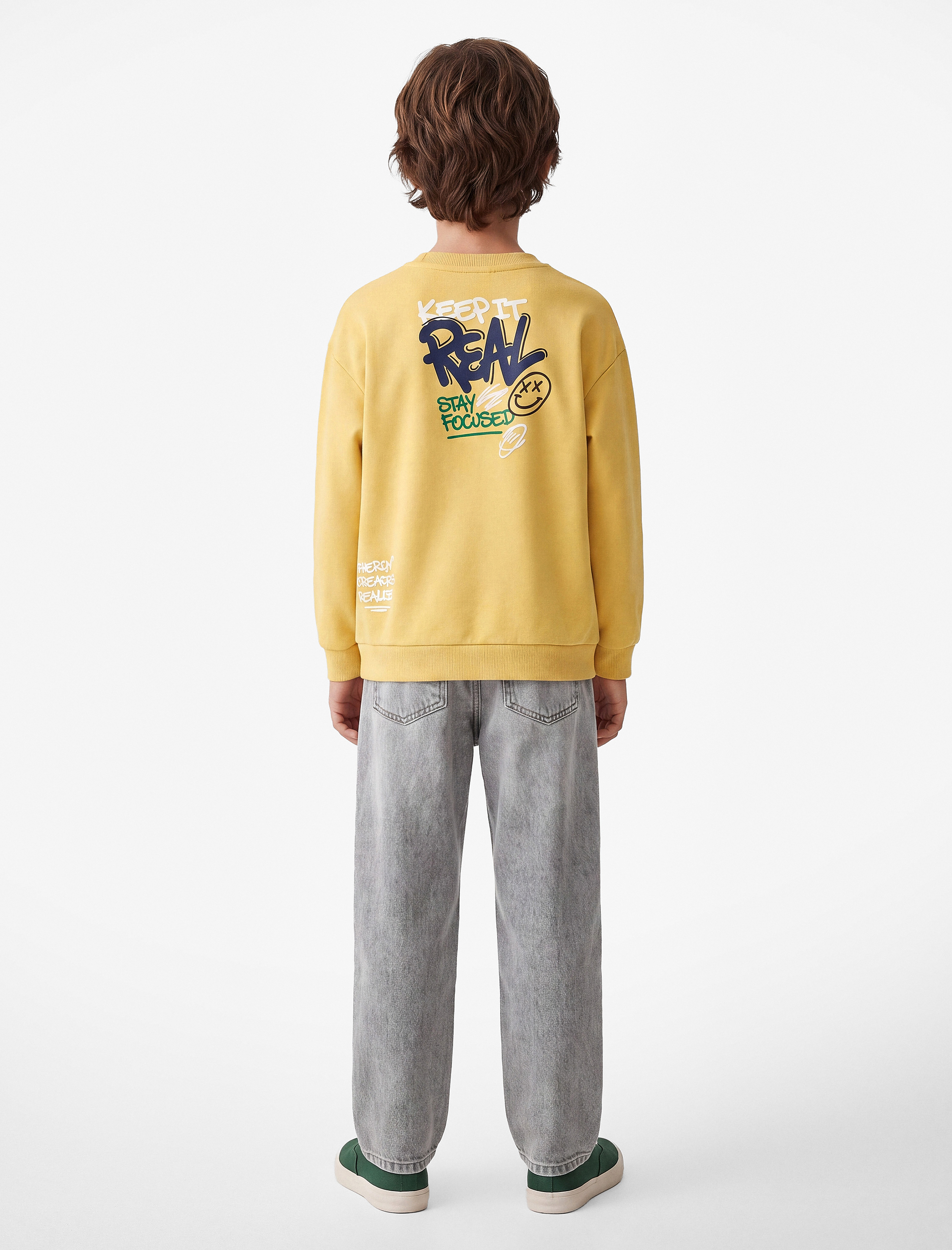  Erkek Çocuk Üç İplik Bisiklet Yaka Uzun Kollu Arkası Baskılı Sweatshirt