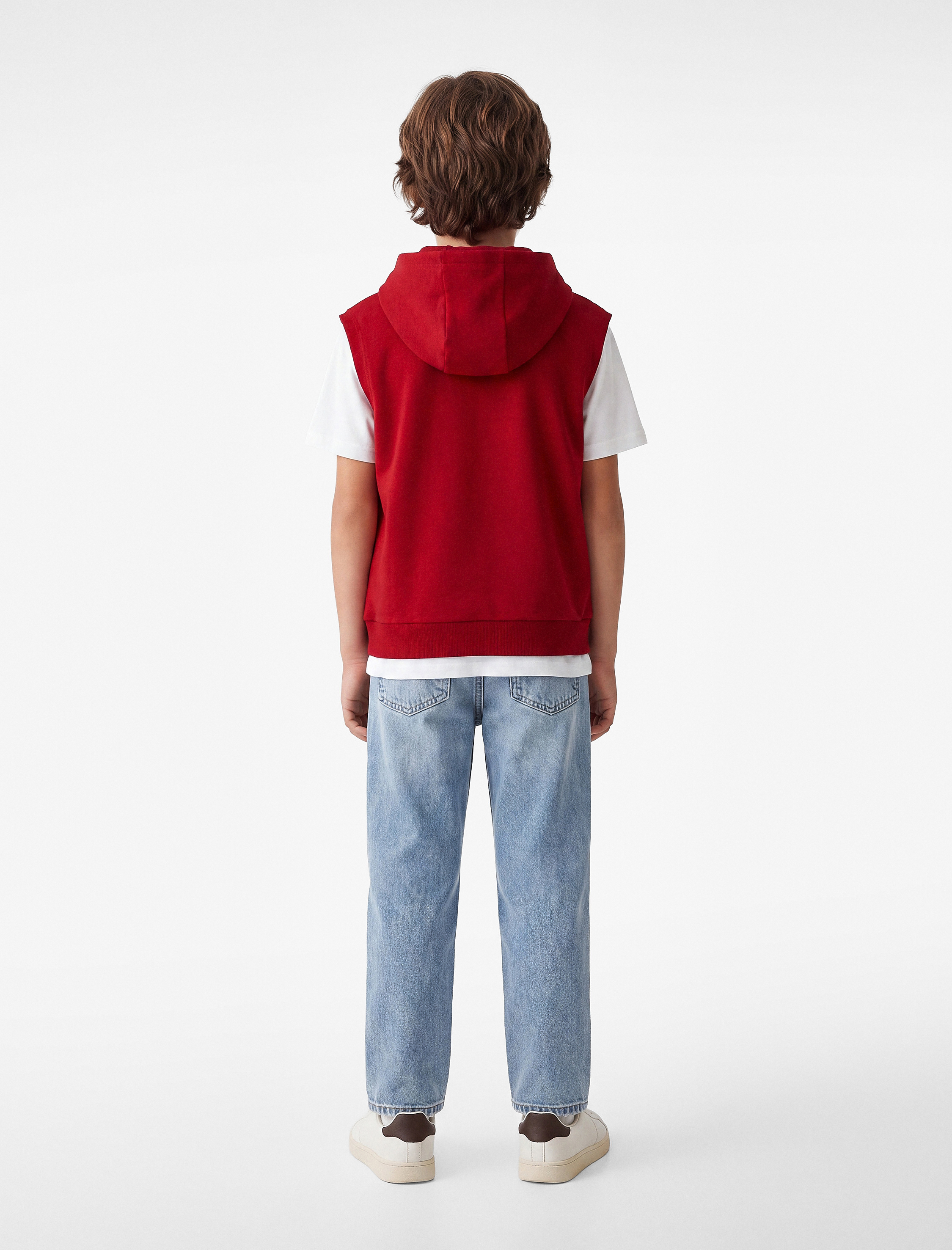  Erkek Çocuk Üç İplik Baskılı Oversize Kapşonlu Kolsuz Sweatshirt