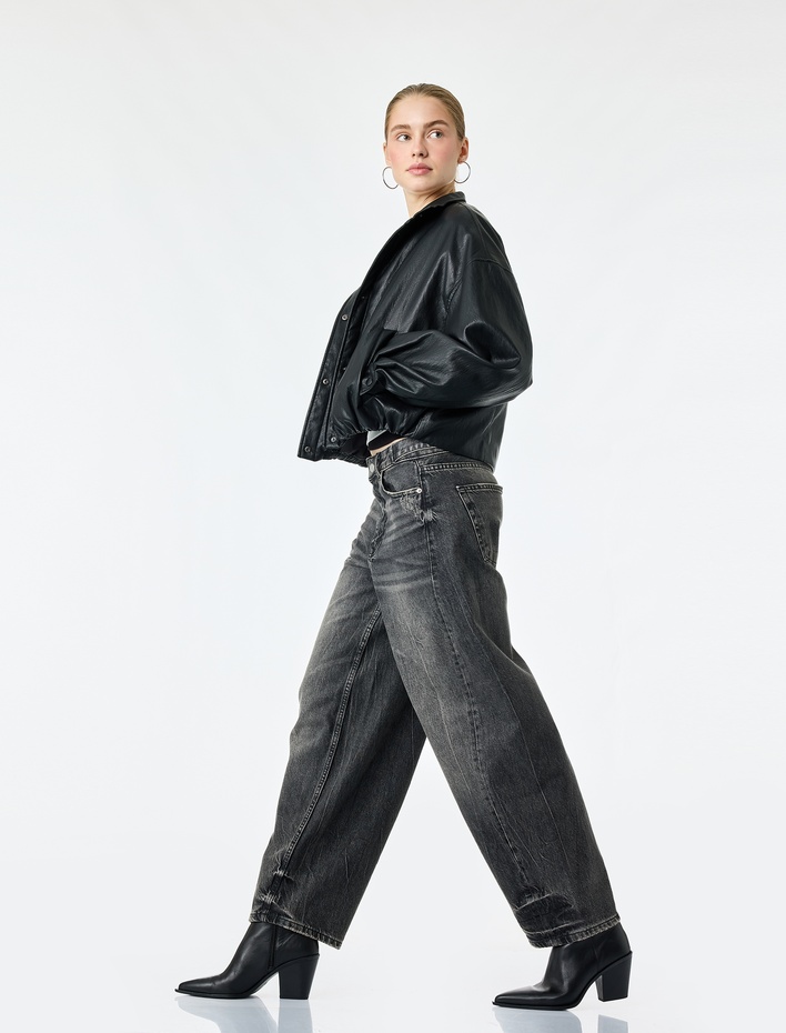  Yıkamalı Dikiş Detaylı Düğmeli Rahat Kalıp Balon Fit Barrel Denim Pantolon - Barrel Jeans