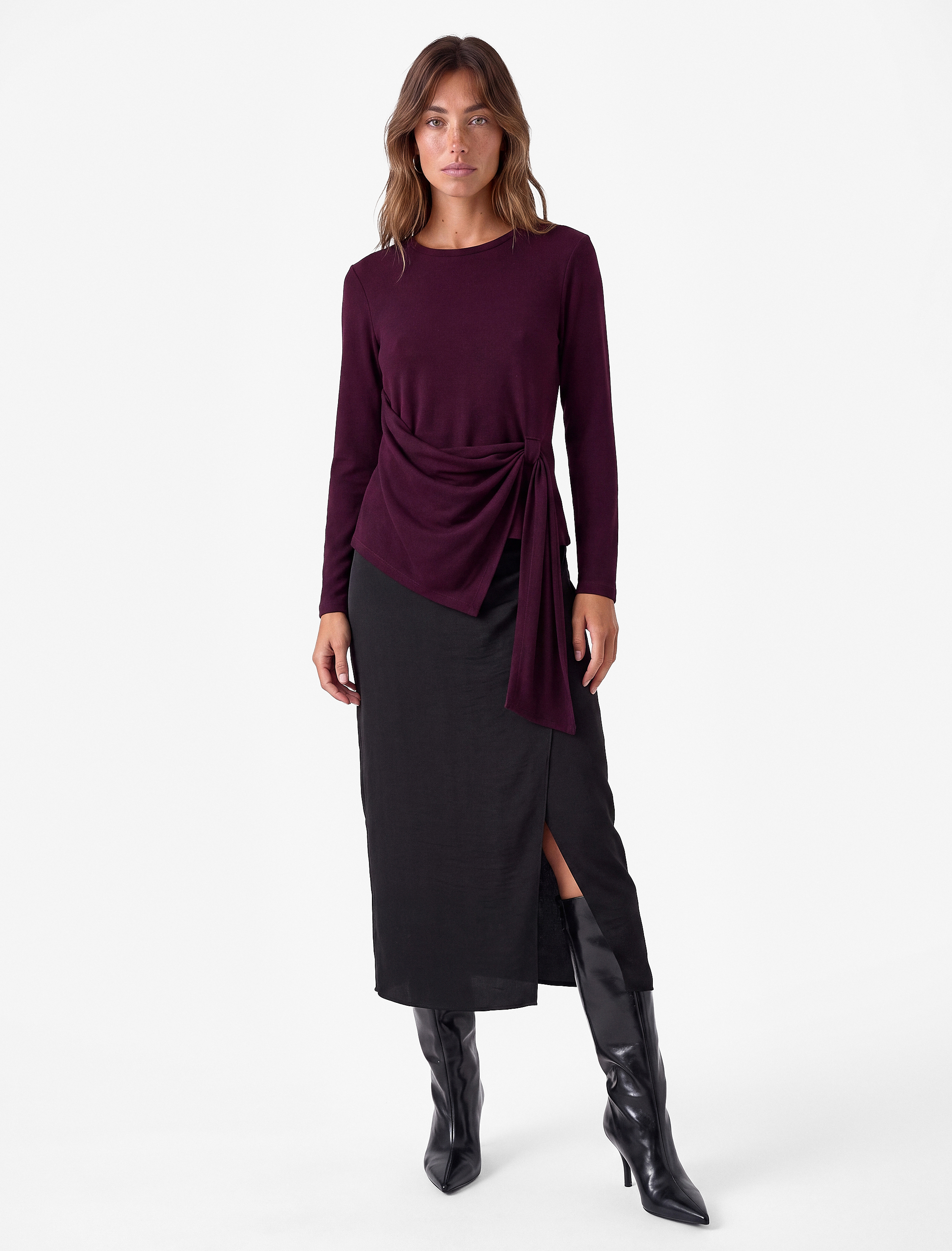   Bisiklet Yaka Uzun Kollu Slim Fit Drapeli Asimetrik Bağlama Detaylı Yumuşak Dokulu Tişört