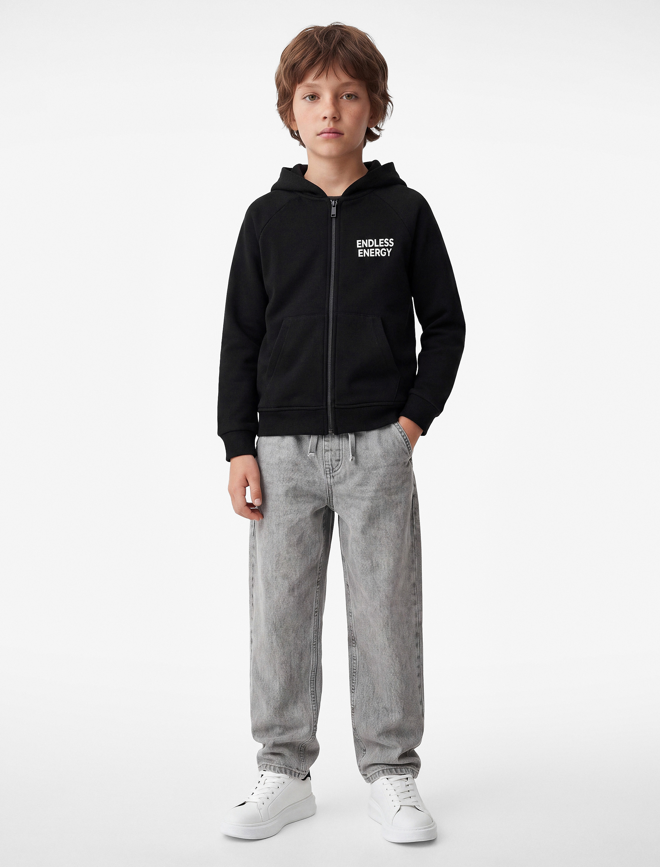  Erkek Çocuk Baskı Detaylı Pamuklu Cepli Üç İplik Şardonlu Kapşonlu Fermuarlı Sweatshirt