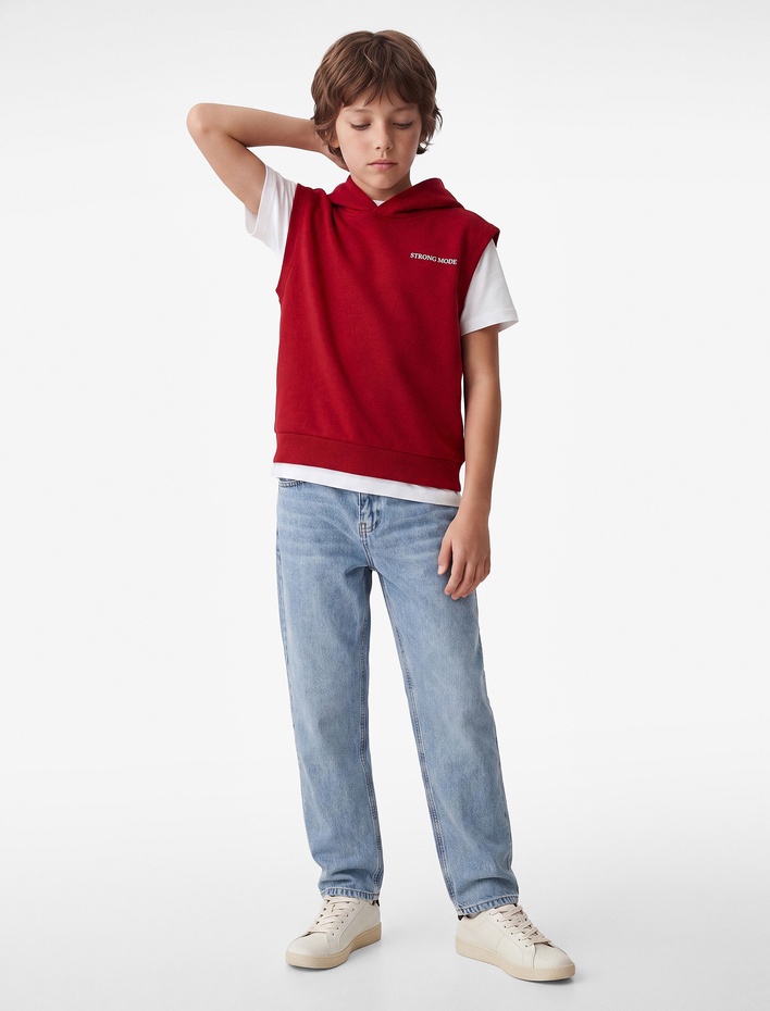 Erkek Çocuk Üç İplik Baskılı Oversize Kapşonlu Kolsuz Sweatshirt