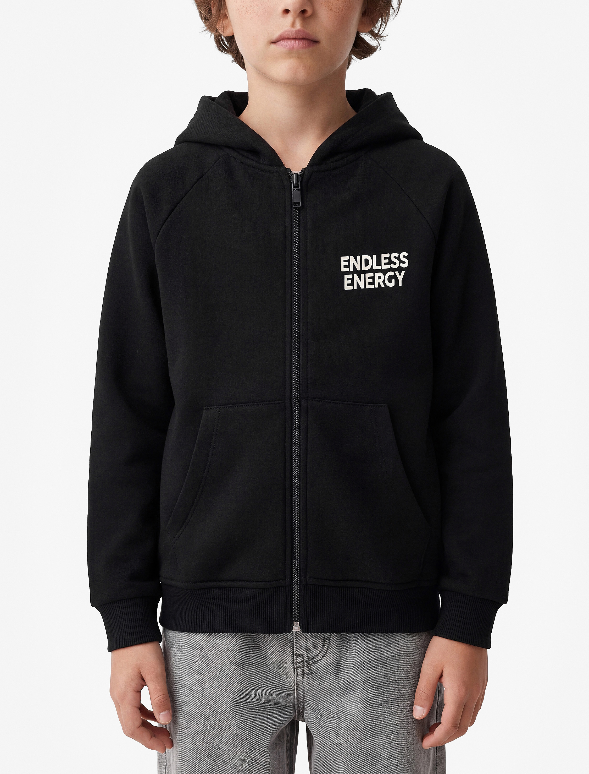  Erkek Çocuk Baskı Detaylı Pamuklu Cepli Üç İplik Şardonlu Kapşonlu Fermuarlı Sweatshirt