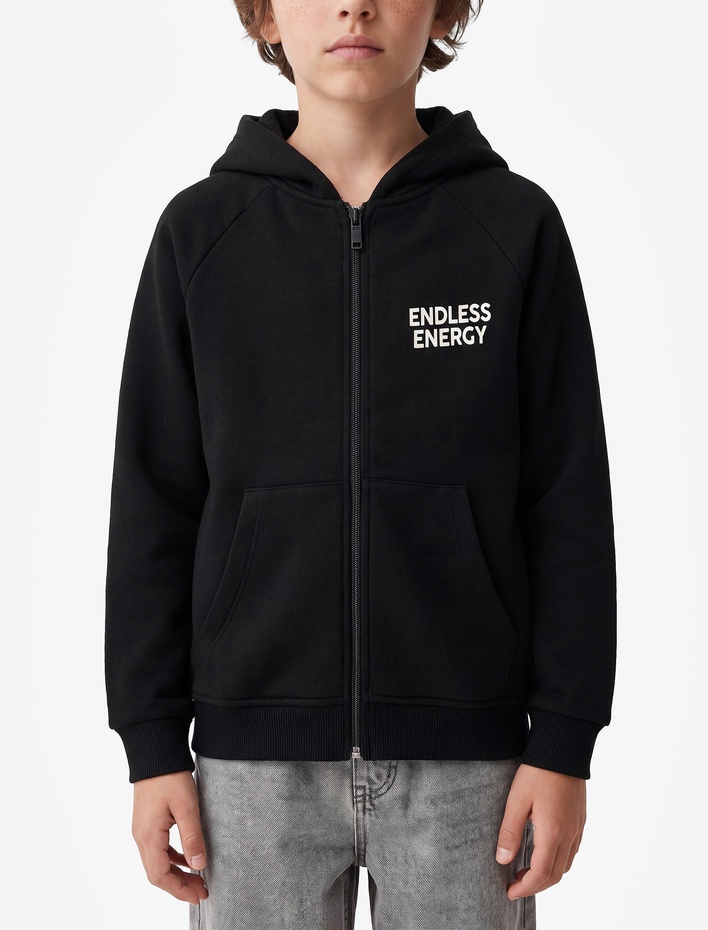 Erkek Çocuk Baskı Detaylı Pamuklu Cepli Üç İplik Şardonlu Kapşonlu Fermuarlı Sweatshirt