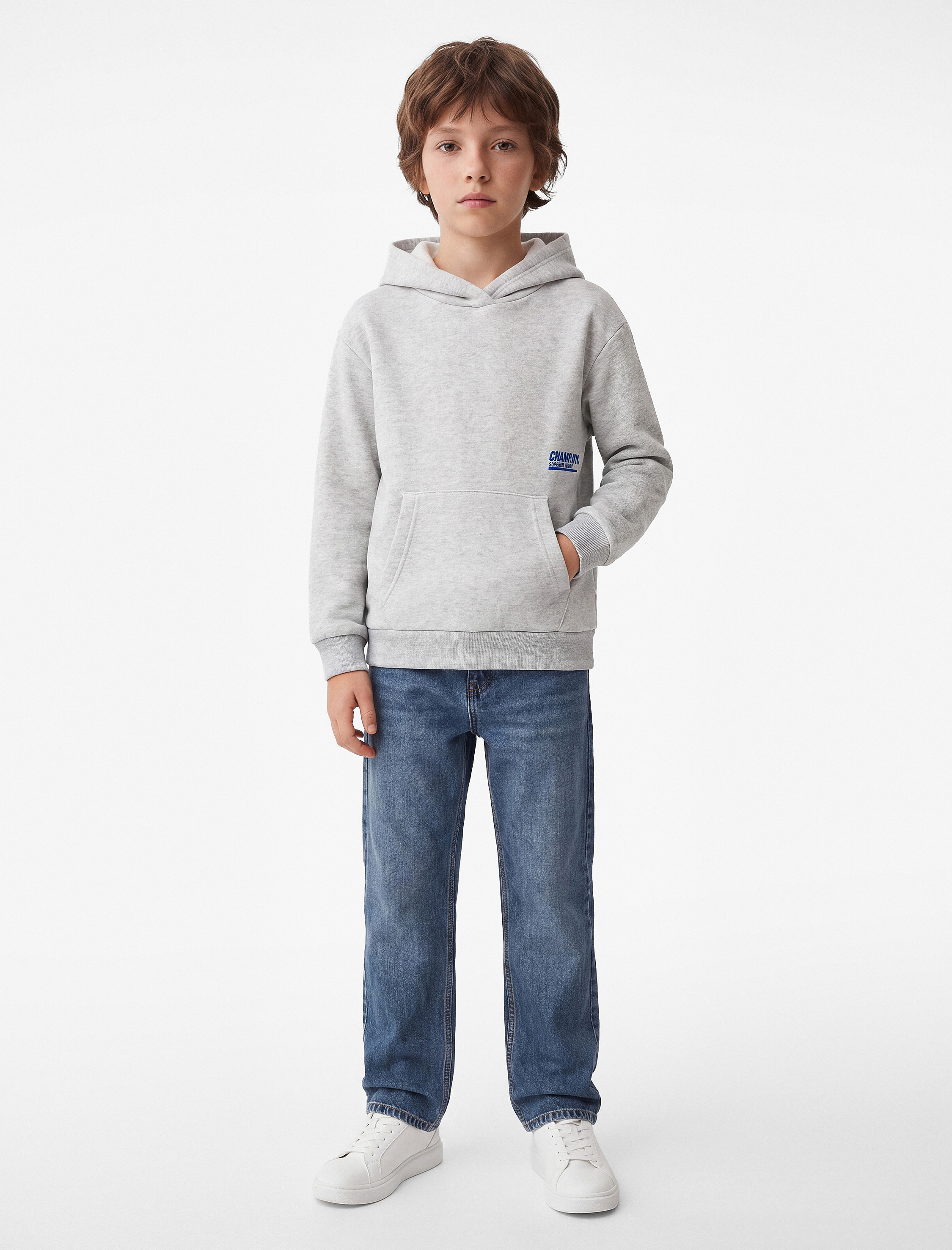  Erkek Çocuk Uzun Kollu Baskılı Şardonlu Kanguru Cep Kapşonlu Sweatshirt