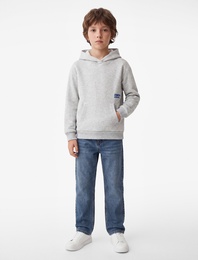 Uzun Kollu Baskılı Şardonlu Kanguru Cep Kapşonlu Sweatshirt