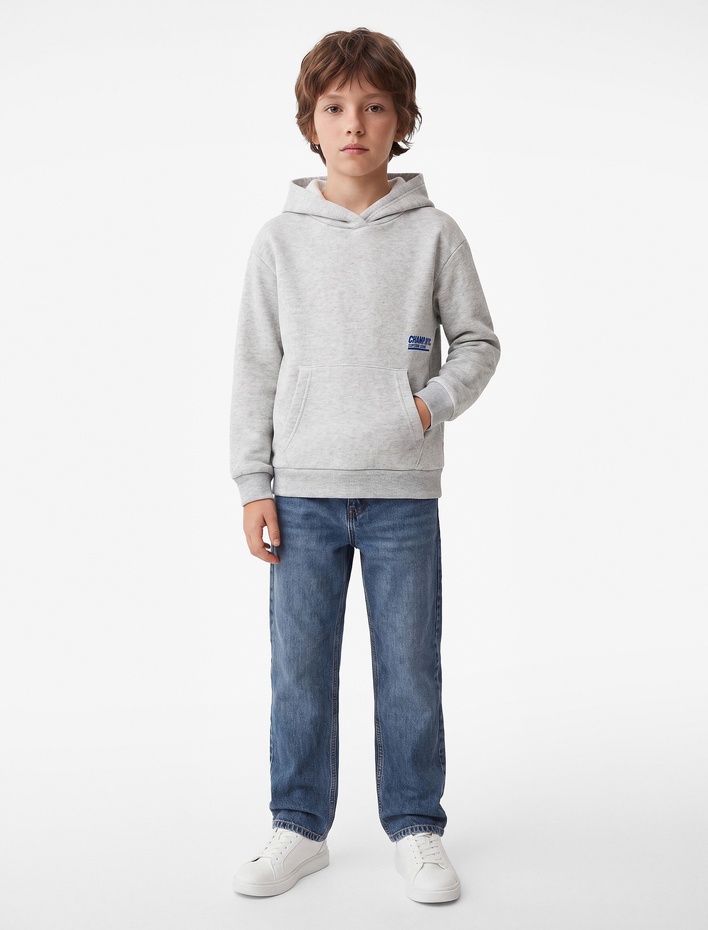 Erkek Çocuk Uzun Kollu Baskılı Şardonlu Kanguru Cep Kapşonlu Sweatshirt