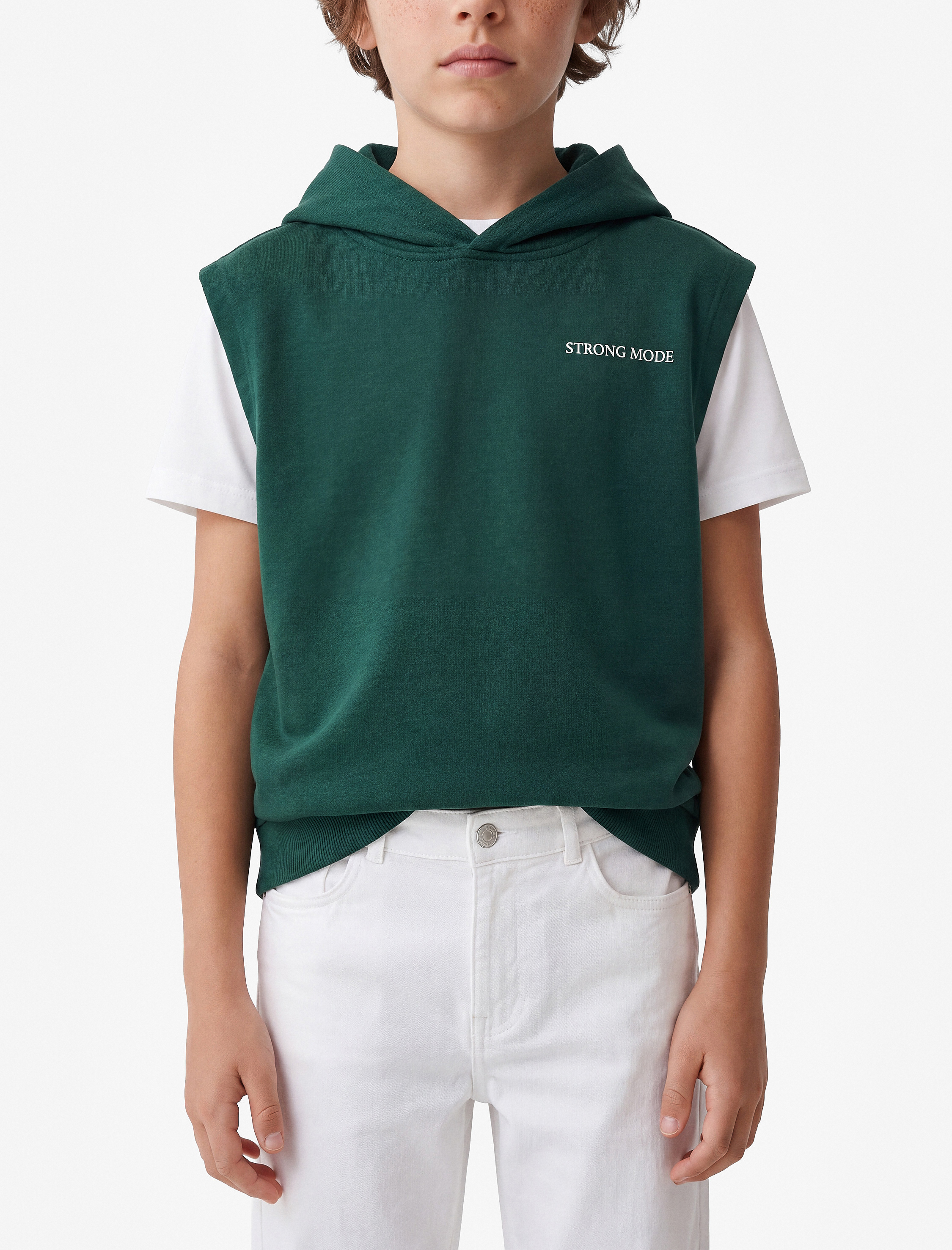  Erkek Çocuk Üç İplik Baskılı Oversize Kapşonlu Kolsuz Sweatshirt