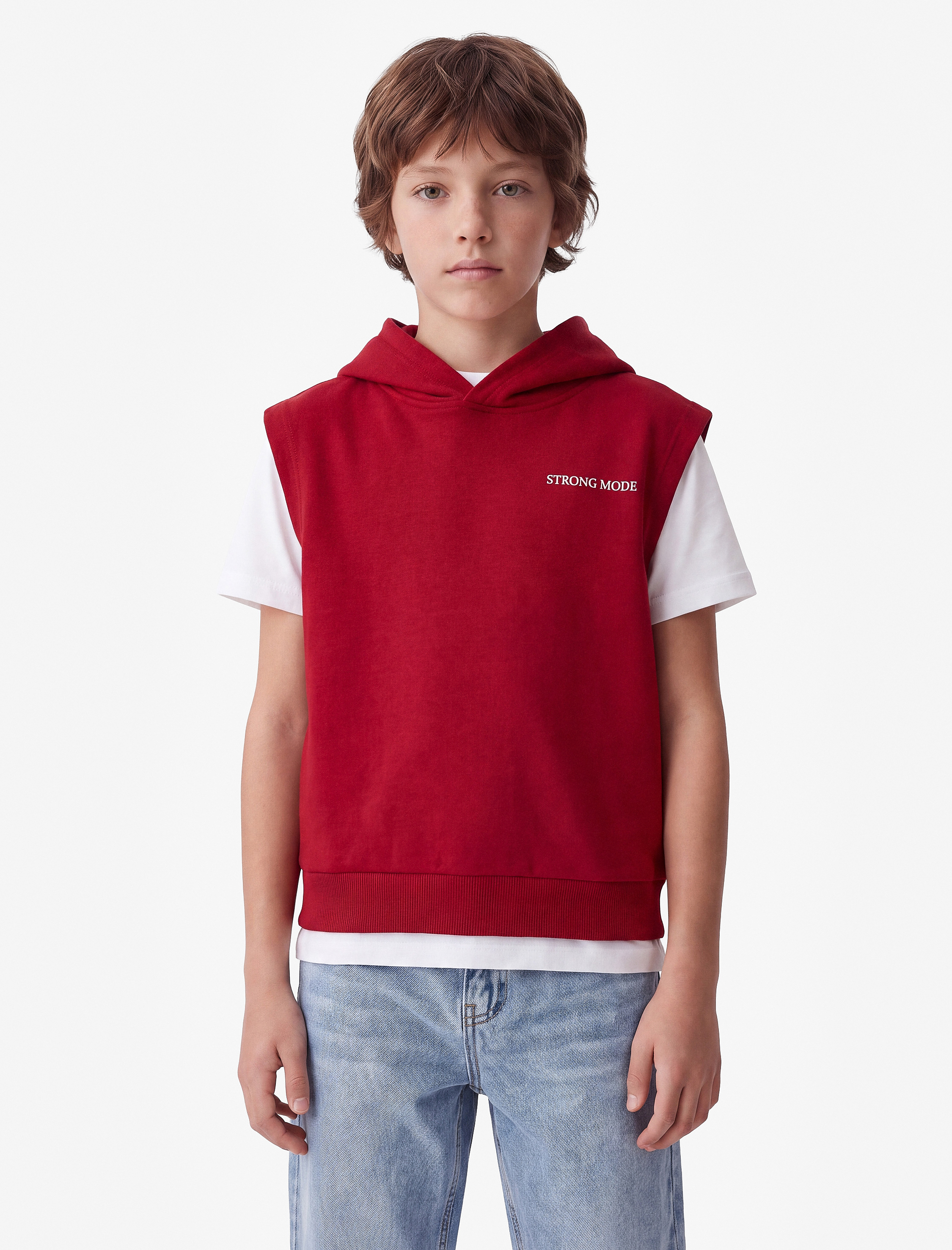  Erkek Çocuk Üç İplik Baskılı Oversize Kapşonlu Kolsuz Sweatshirt