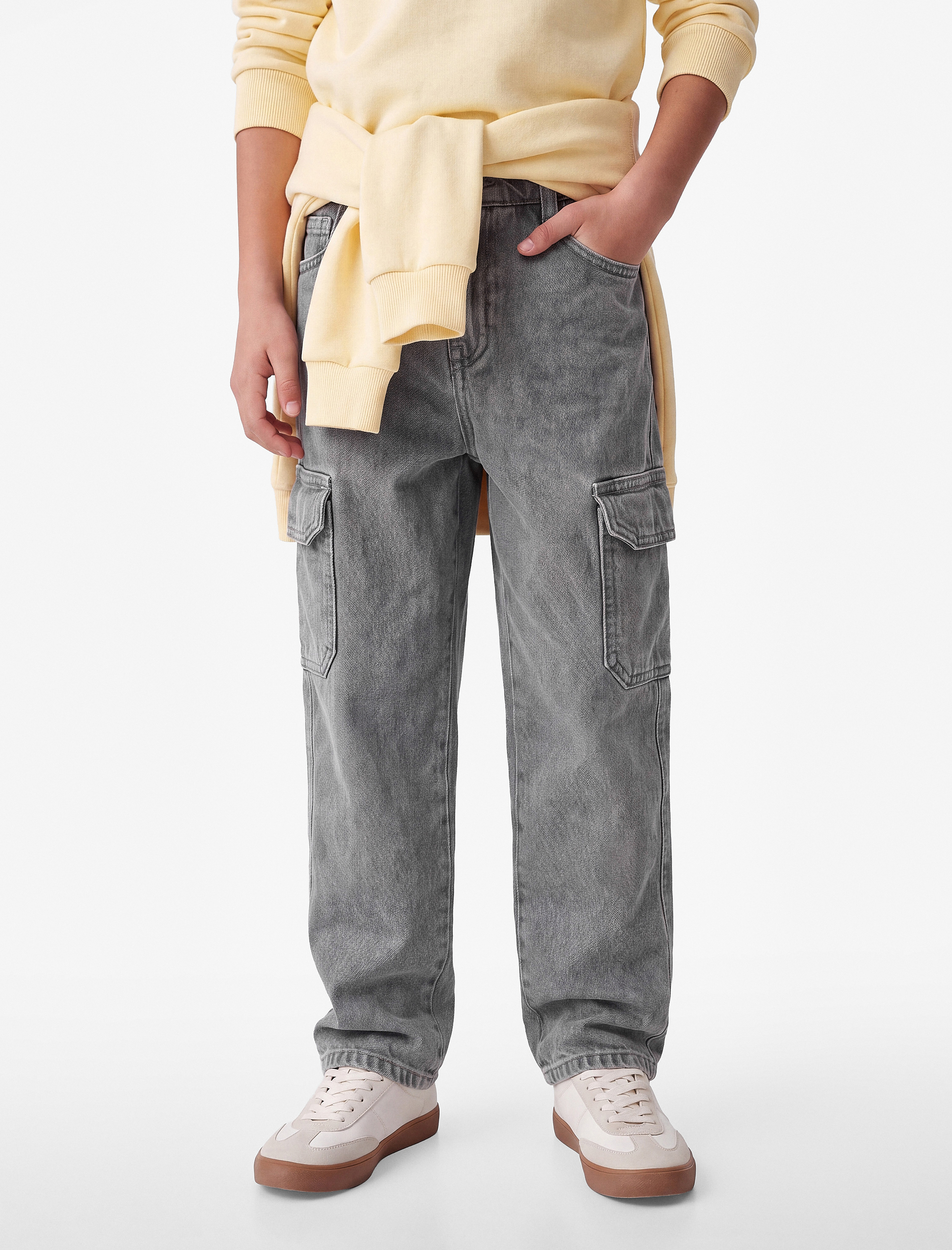  Erkek Çocuk Cepli Loose Fit Pamuklu Denim Kargo Pantolon - Cargo Jeans