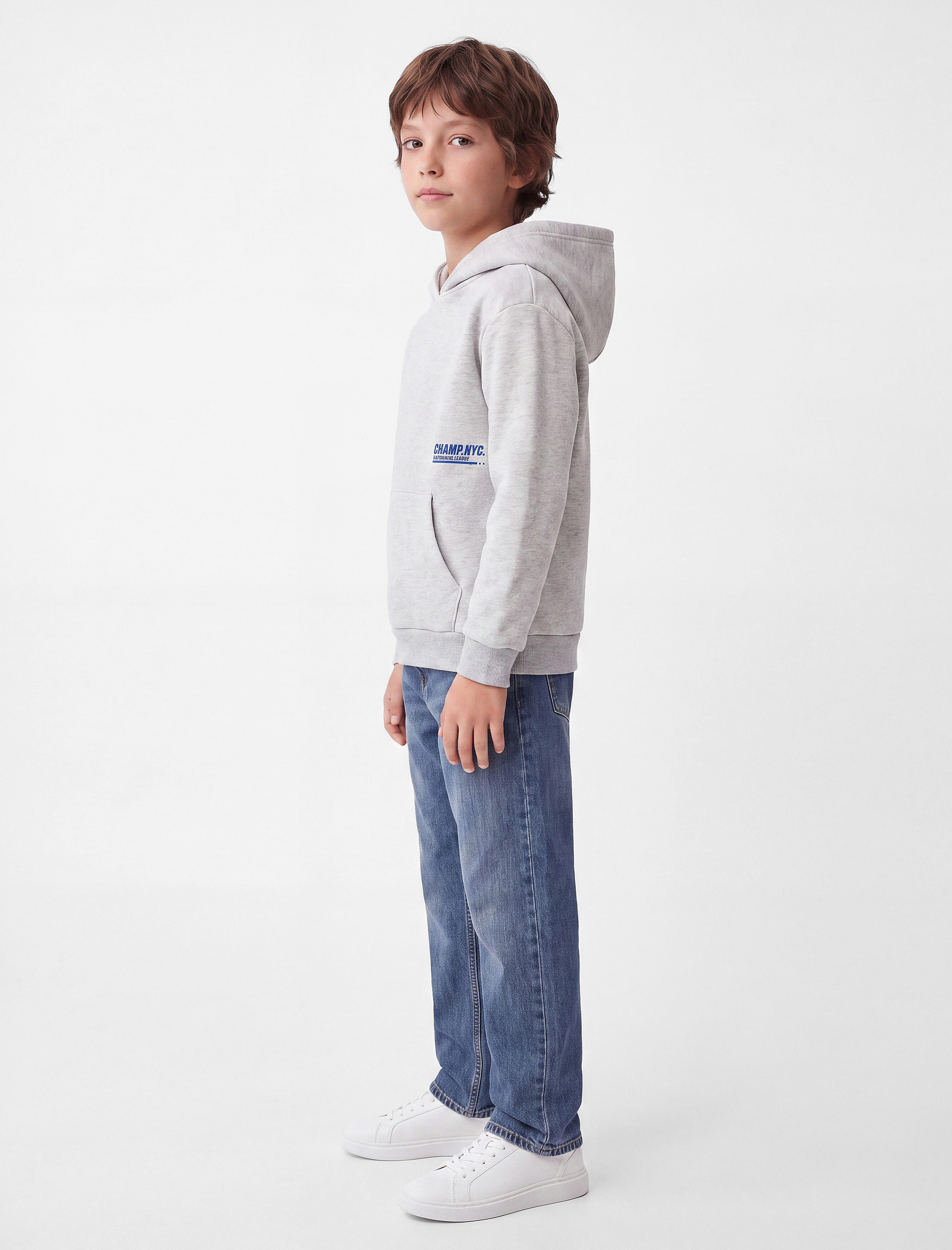 Erkek Çocuk Uzun Kollu Baskılı Şardonlu Kanguru Cep Kapşonlu Sweatshirt