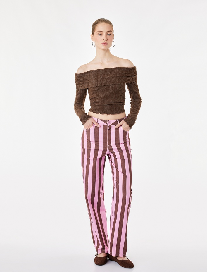  Büzgü Detaylı Slim Fit Kaşkorse Omzu Açık Uzun Kollu Tişört