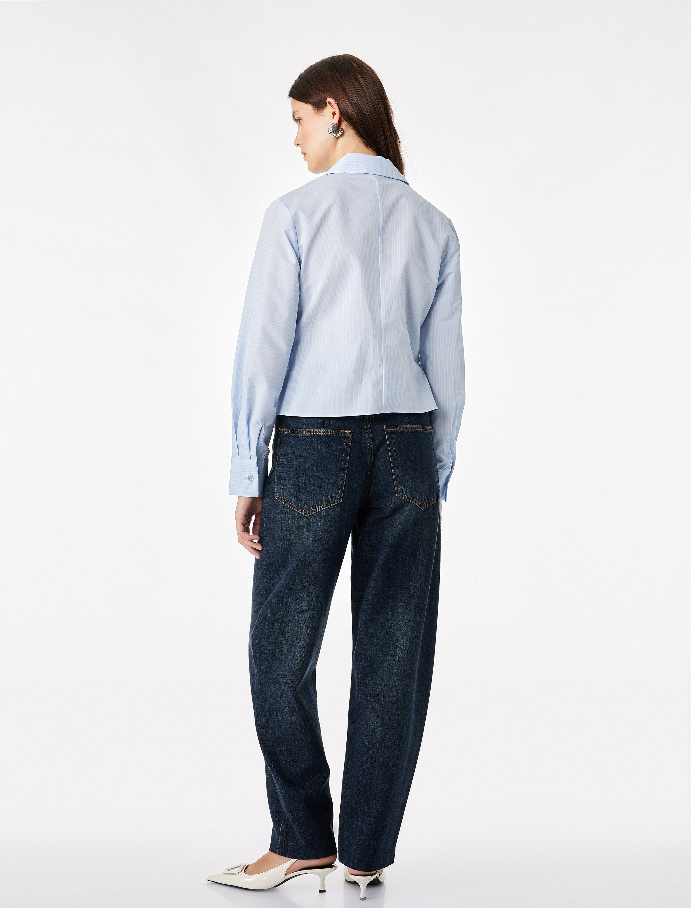   Slim Fit Pamuklu Kruvaze Uzun Kollu Çizgili Poplin Gömlek