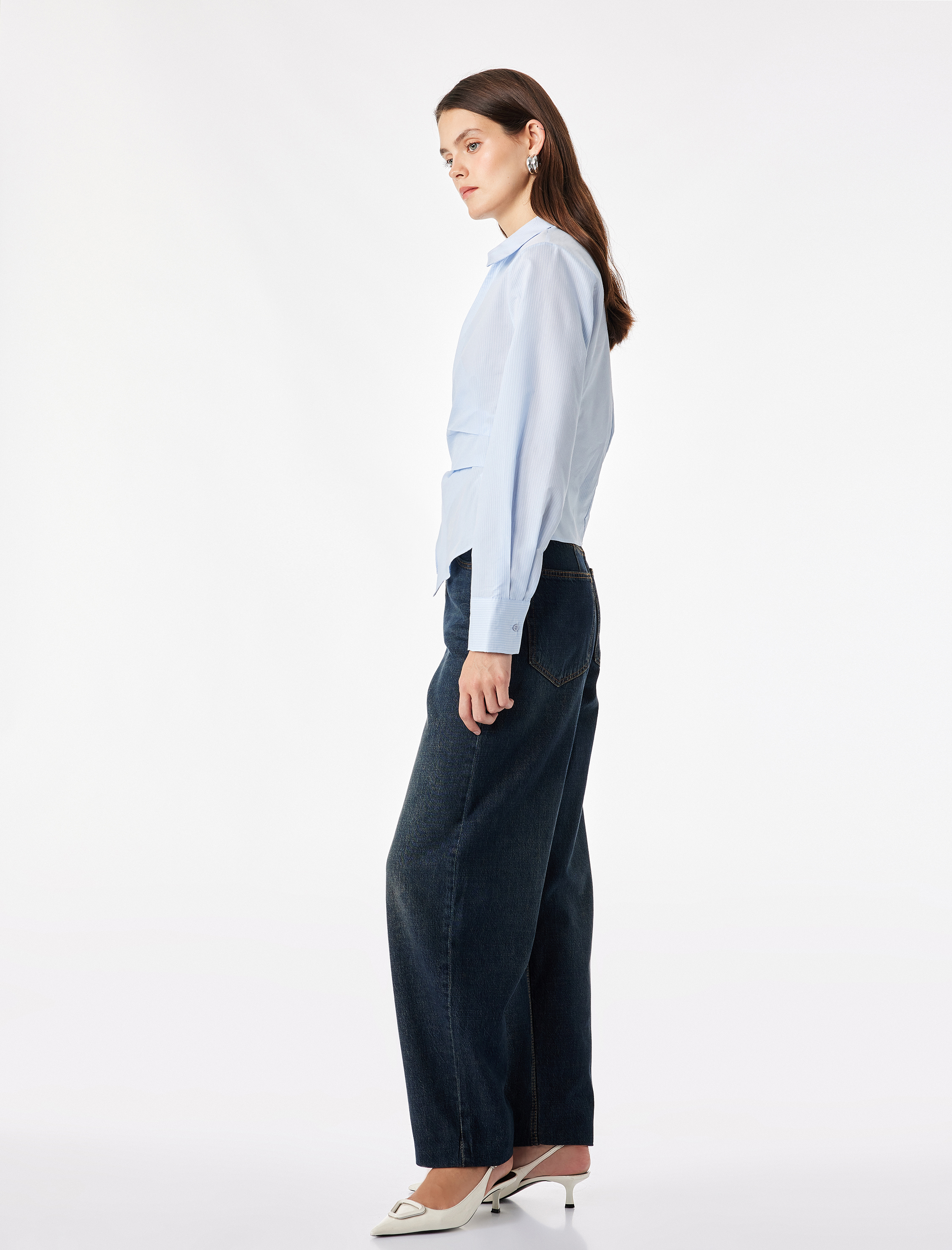   Slim Fit Pamuklu Kruvaze Uzun Kollu Çizgili Poplin Gömlek