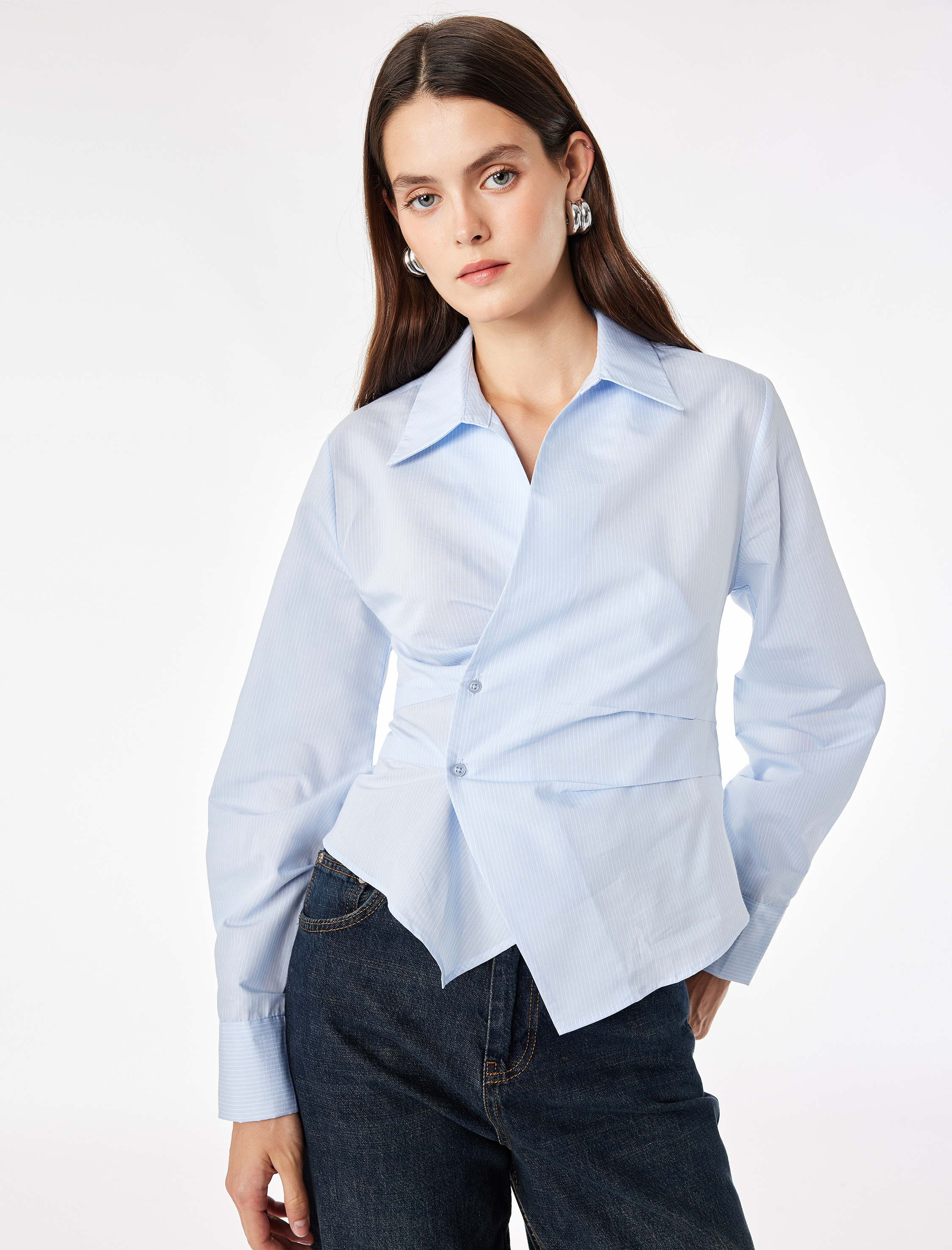   Slim Fit Pamuklu Kruvaze Uzun Kollu Çizgili Poplin Gömlek