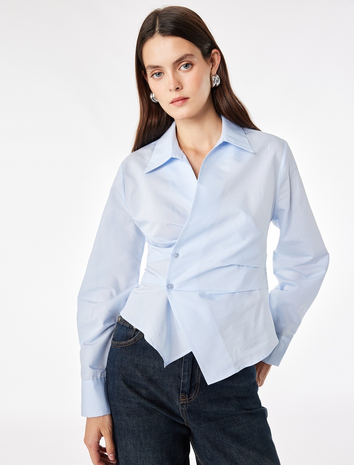  Slim Fit Pamuklu Kruvaze Uzun Kollu Çizgili Poplin Gömlek