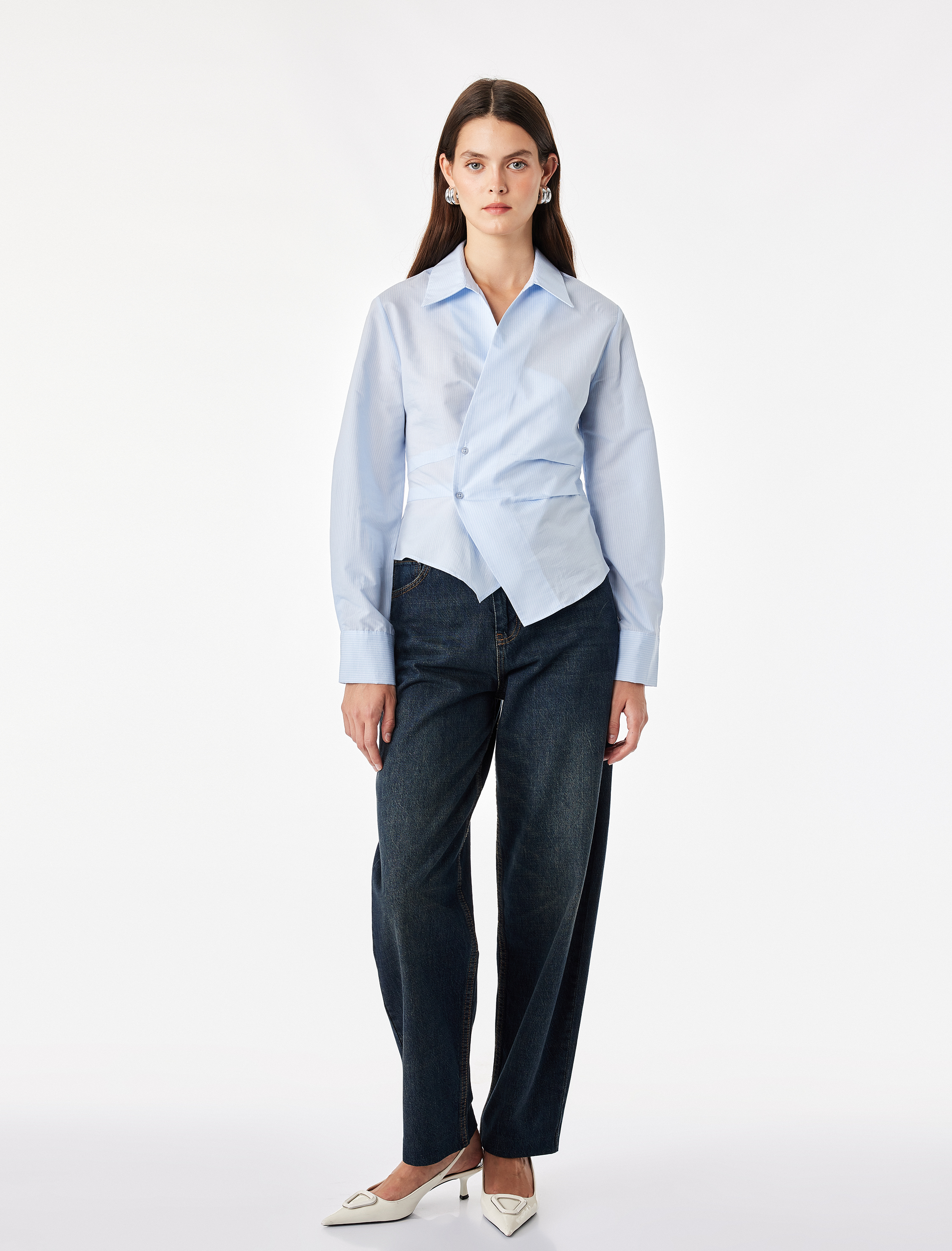   Slim Fit Pamuklu Kruvaze Uzun Kollu Çizgili Poplin Gömlek