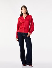 Slim Fit Uzun Kollu Büzgülü Kaçık Yaka Saten Gömlek