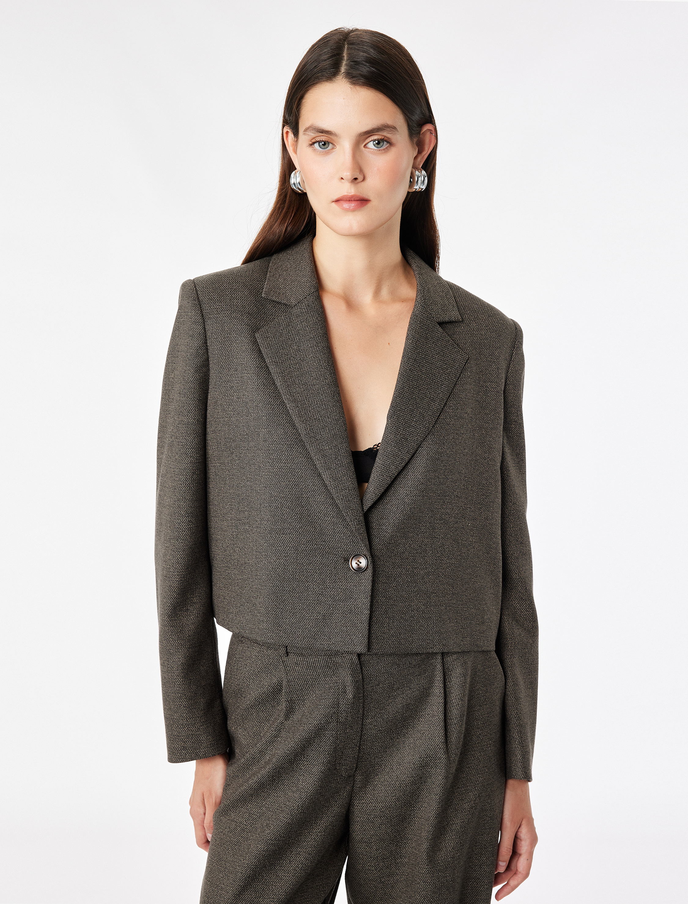   Regular Fit Flanel Kumaş Uzun Kollu Tek Düğmeli Crop Blazer Ceket