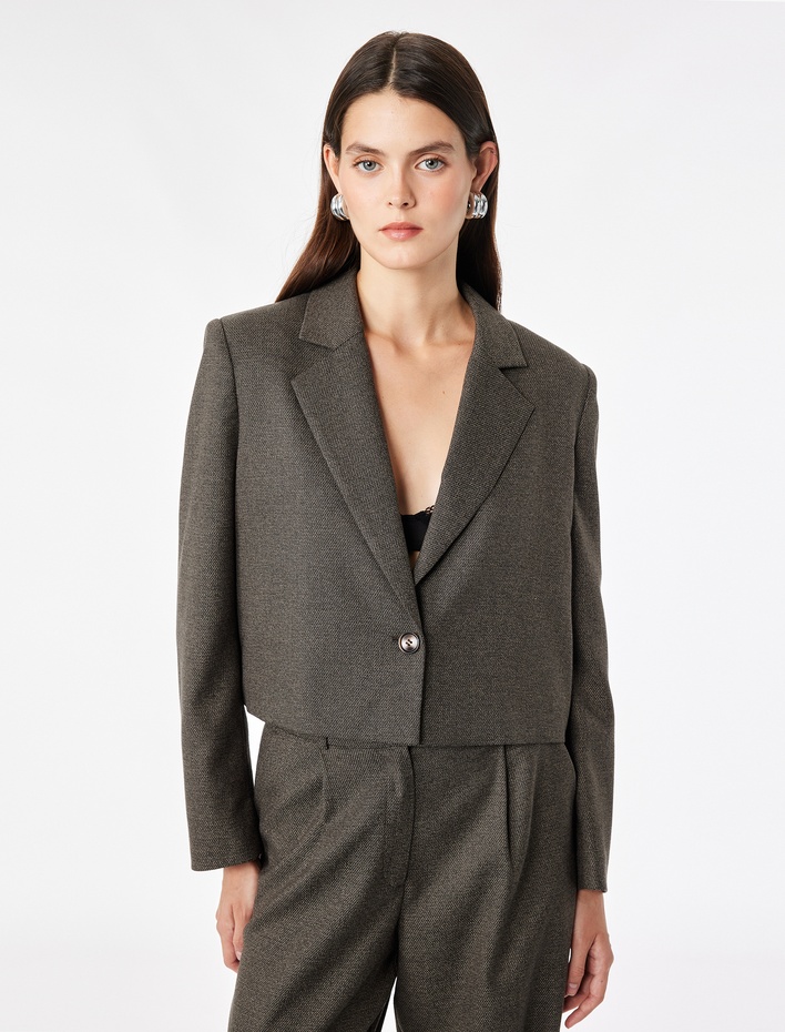  Regular Fit Flanel Kumaş Uzun Kollu Tek Düğmeli Crop Blazer Ceket