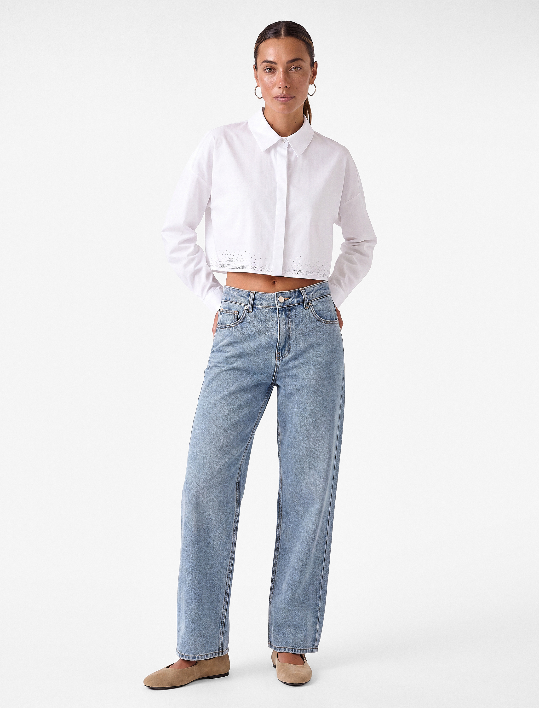   Crop Oversize Poplin Gömlek Taşlı Uzun Kollu Pamuklu