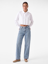 Crop Oversize Poplin Gömlek Taşlı Uzun Kollu Pamuklu