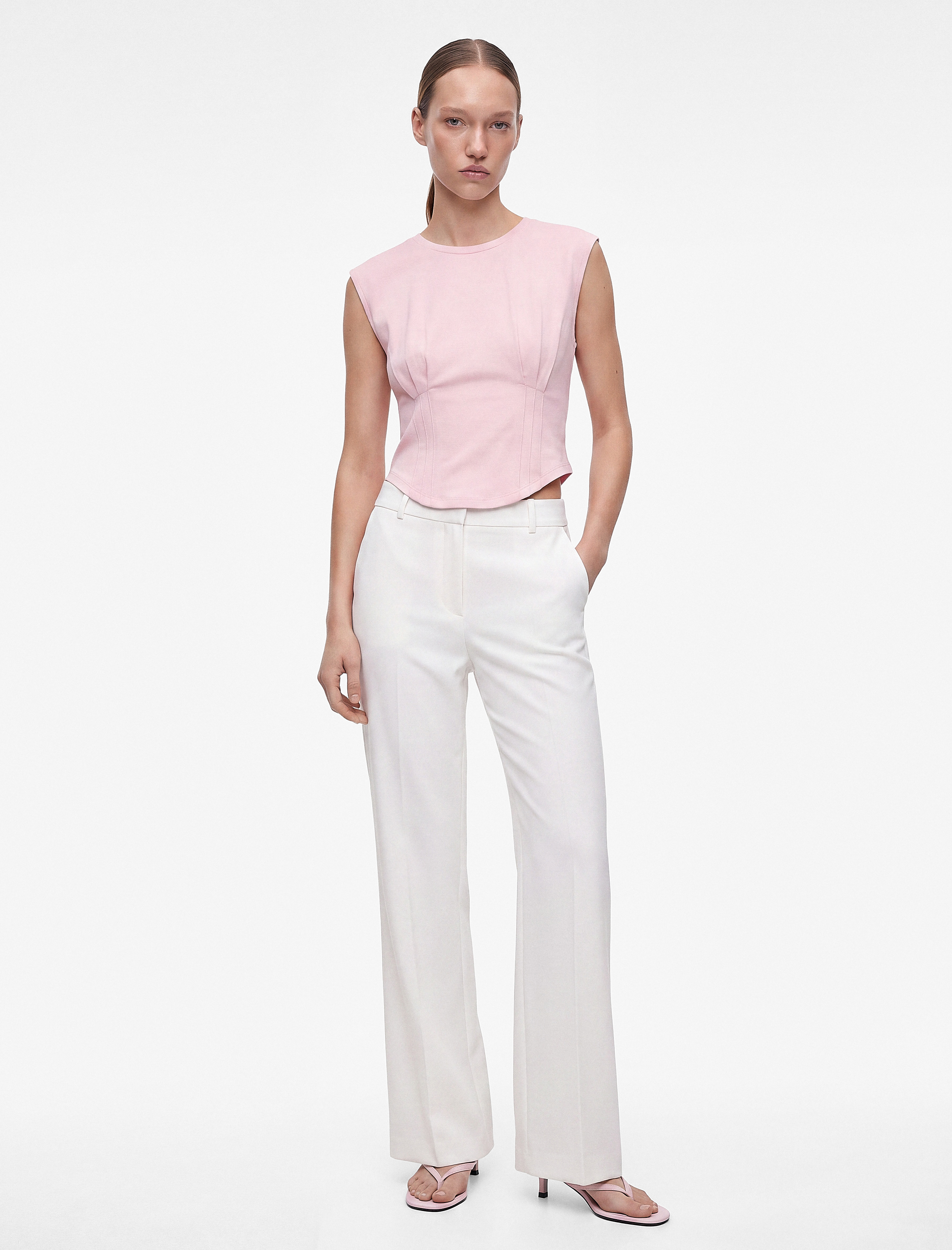   Korse Detaylı Slim Fit Bisiklet Yaka Kolsuz Crop Tişört