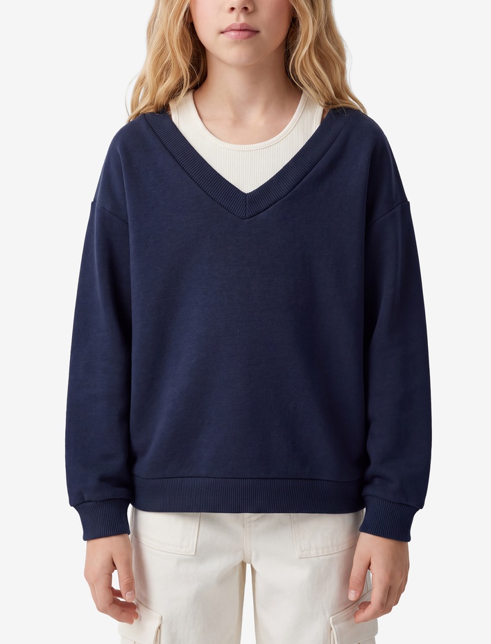 Kız Çocuk Katmanlı V Yaka Uzun Kollu Pamuklu Şardonlu Sweatshirt