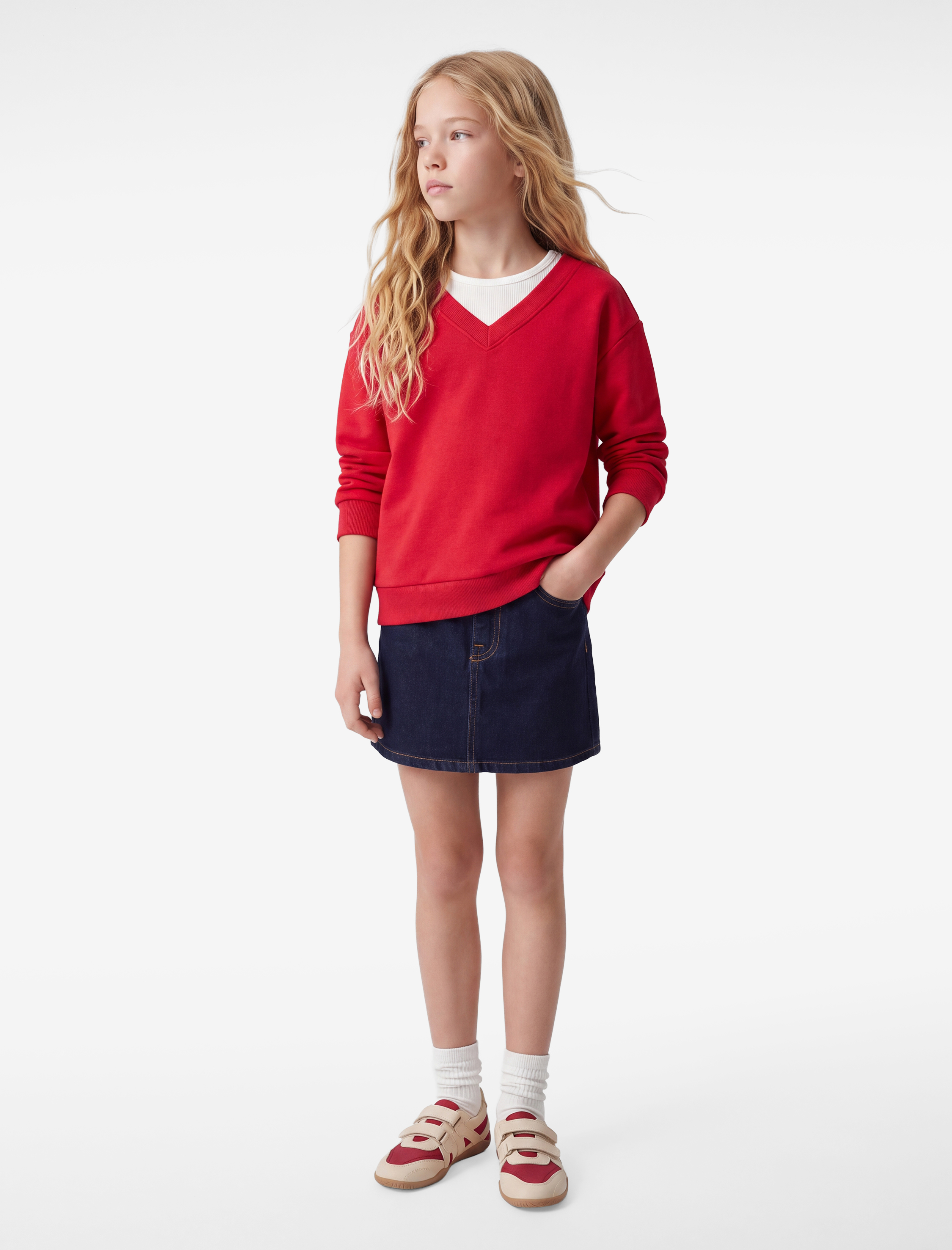  Kız Çocuk Katmanlı V Yaka Uzun Kollu Pamuklu Şardonlu Sweatshirt