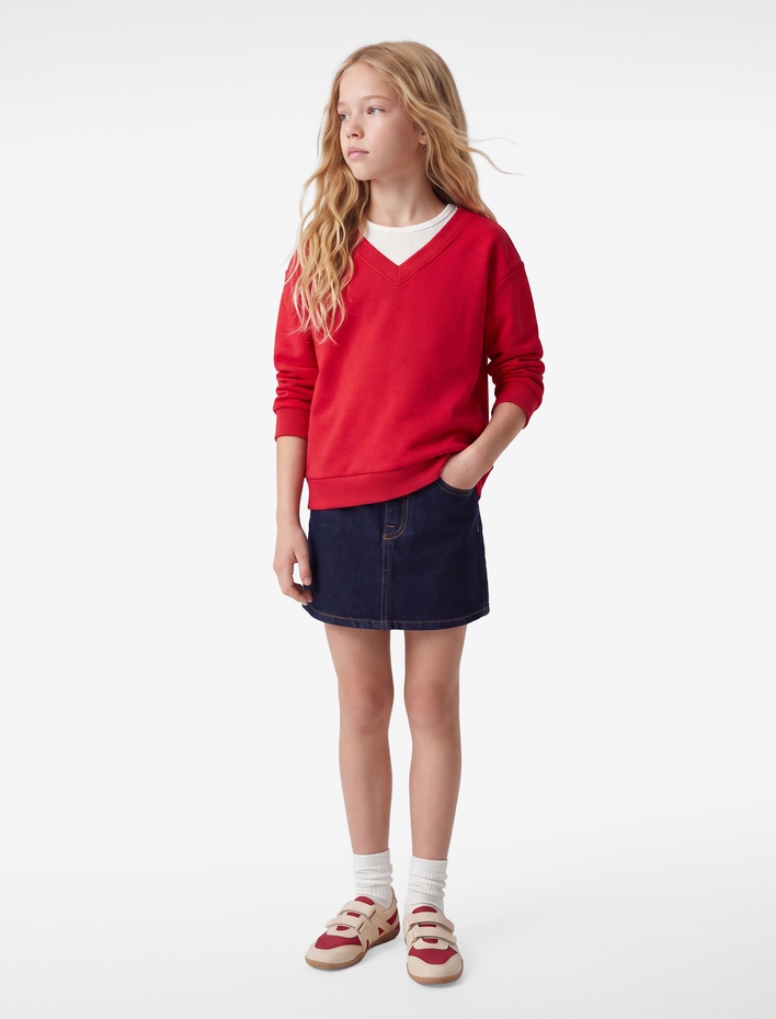 Kız Çocuk Katmanlı V Yaka Uzun Kollu Pamuklu Şardonlu Sweatshirt